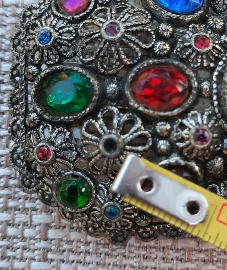 Vtg New England GlassWorks Brooch Filigree Flowers Jewel Colors Faceted READ