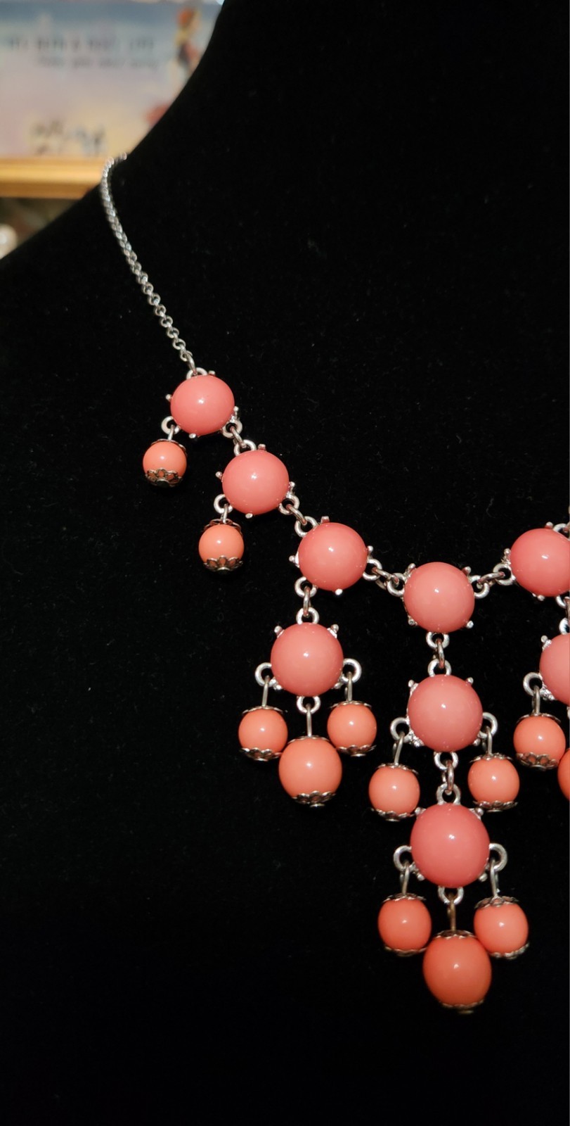 VTG Salmon Color Lucite Chandelier Silver Tone Necklace