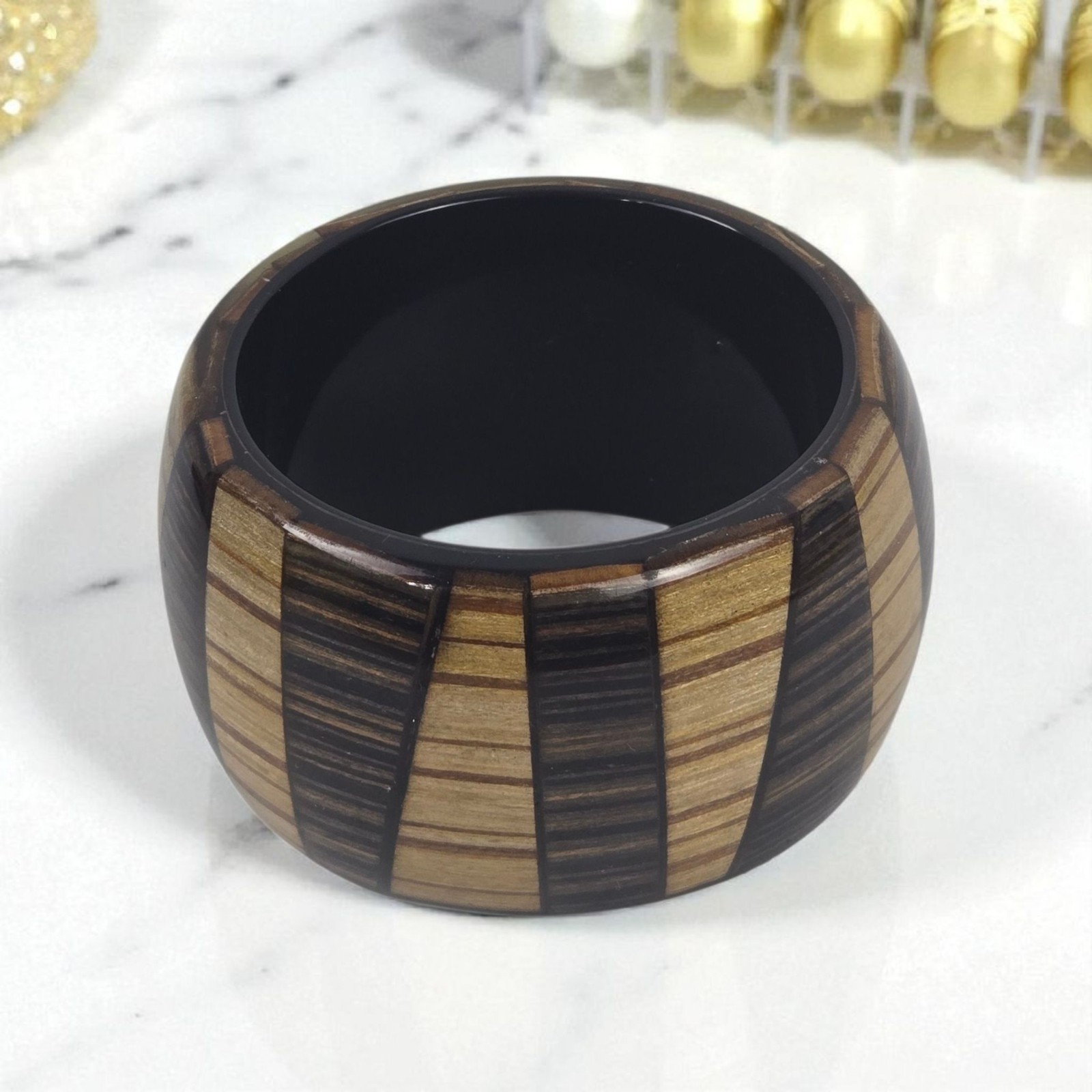 Vintage Bracelet Bangle Wide Lucite Plastic Woodgrain and Stripe Pattern EUC