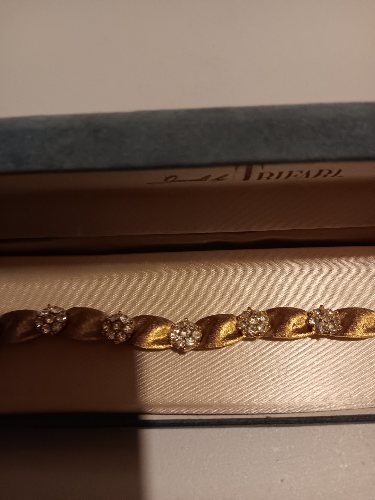 Vintage CROWN TRIFARI Birthday Ribbon Link Clear Rhinestone Bracelet-April!