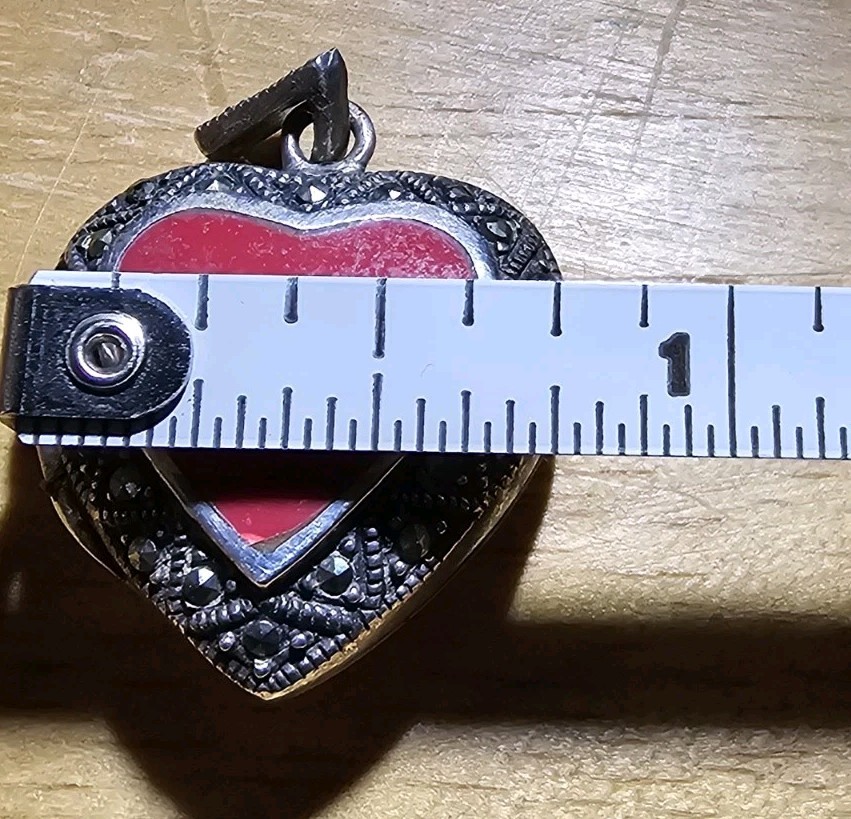 Sterling Silver Marcasite Puffy Heart Locket Pendent Charm Red Coral Center