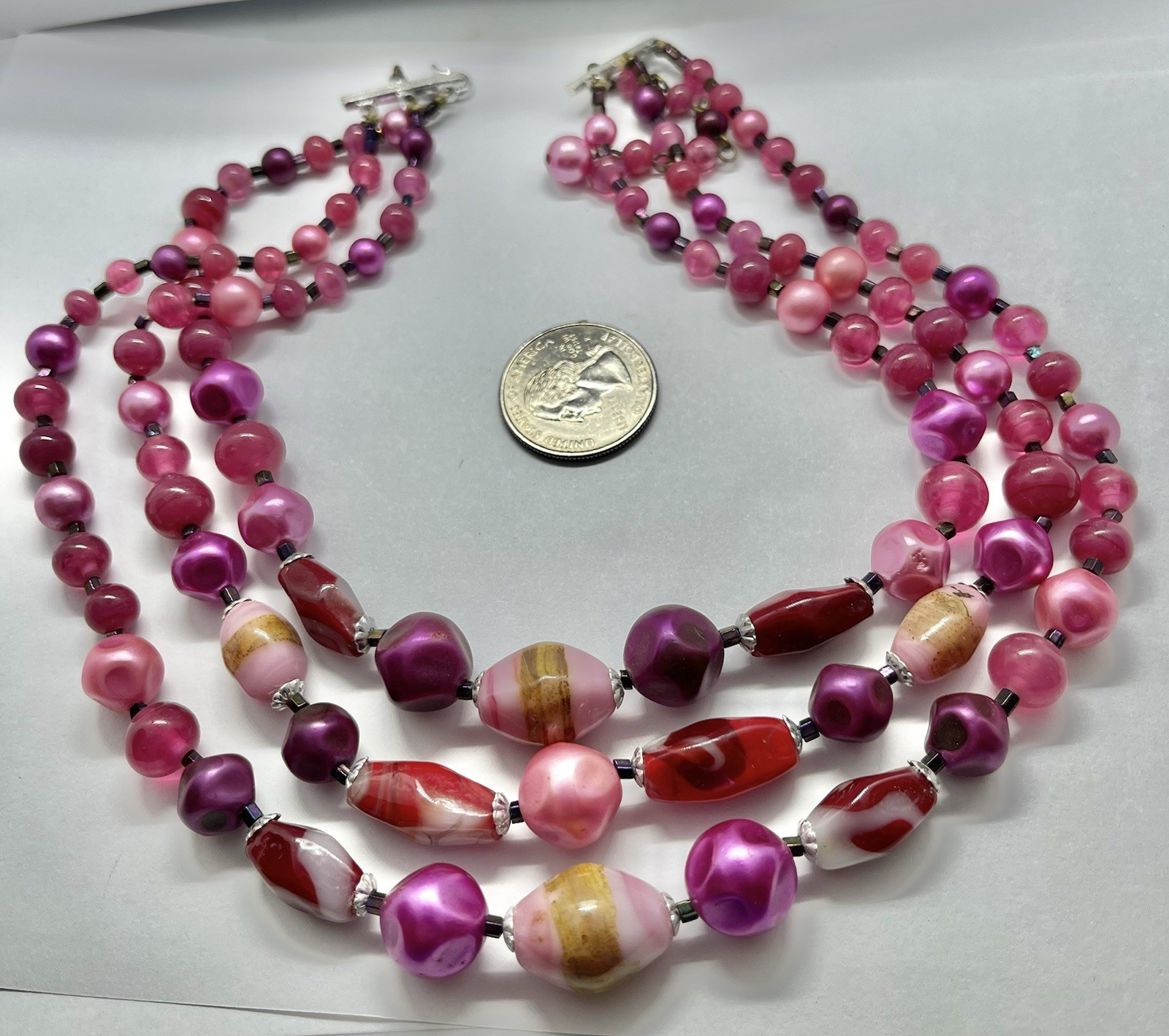 Vintage 3 Strands Art Glass & Lucite Beads Pink Red Brown Purple Silvertone 15”