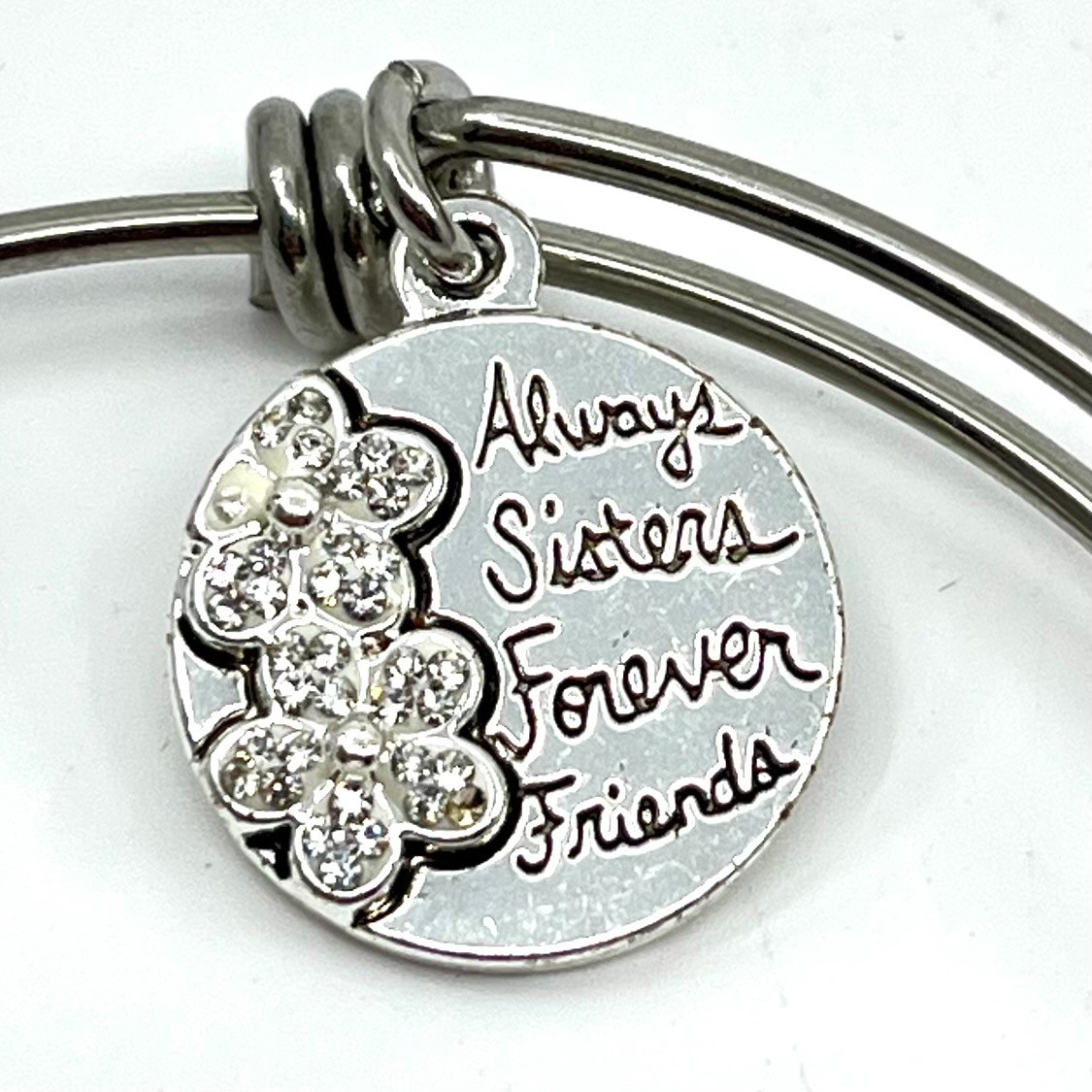 VTG Inspirational Sisters Forever Bangle Bracelet Silver Tone Crystal Charm Y2K
