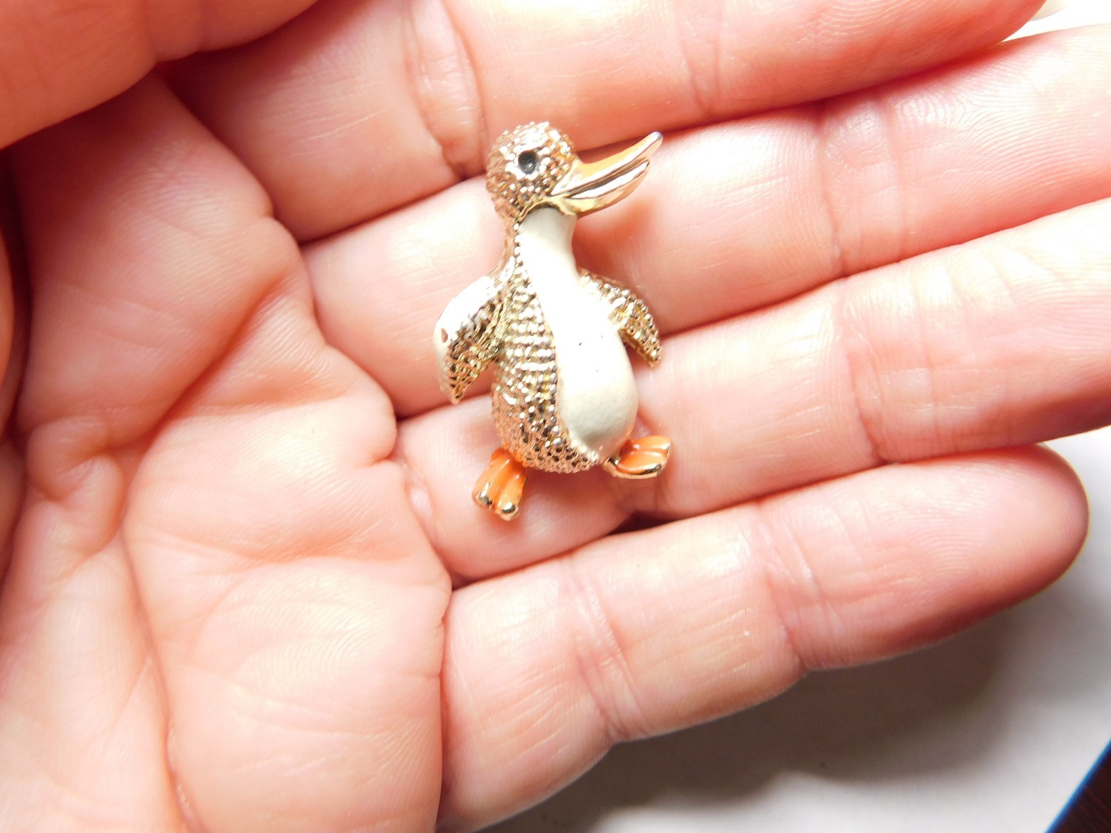 Unique Cream Orange Enamel Penguin Textured Gold Tone Figural Brooch Vintage