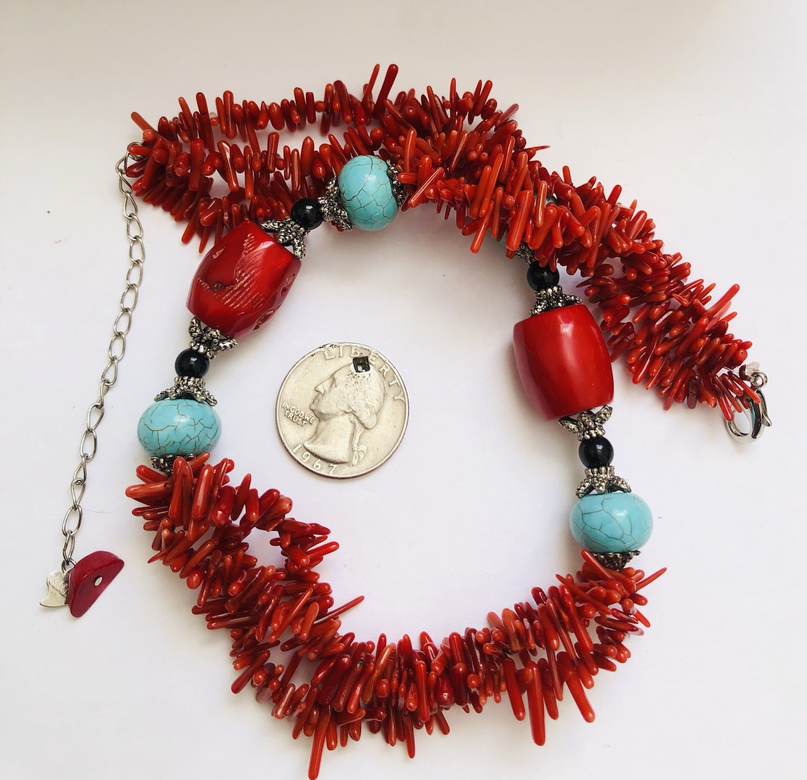 Vtg HDNY Red Coral Necklace W/ Beautiful Turquoise Beads Approximately 76grams