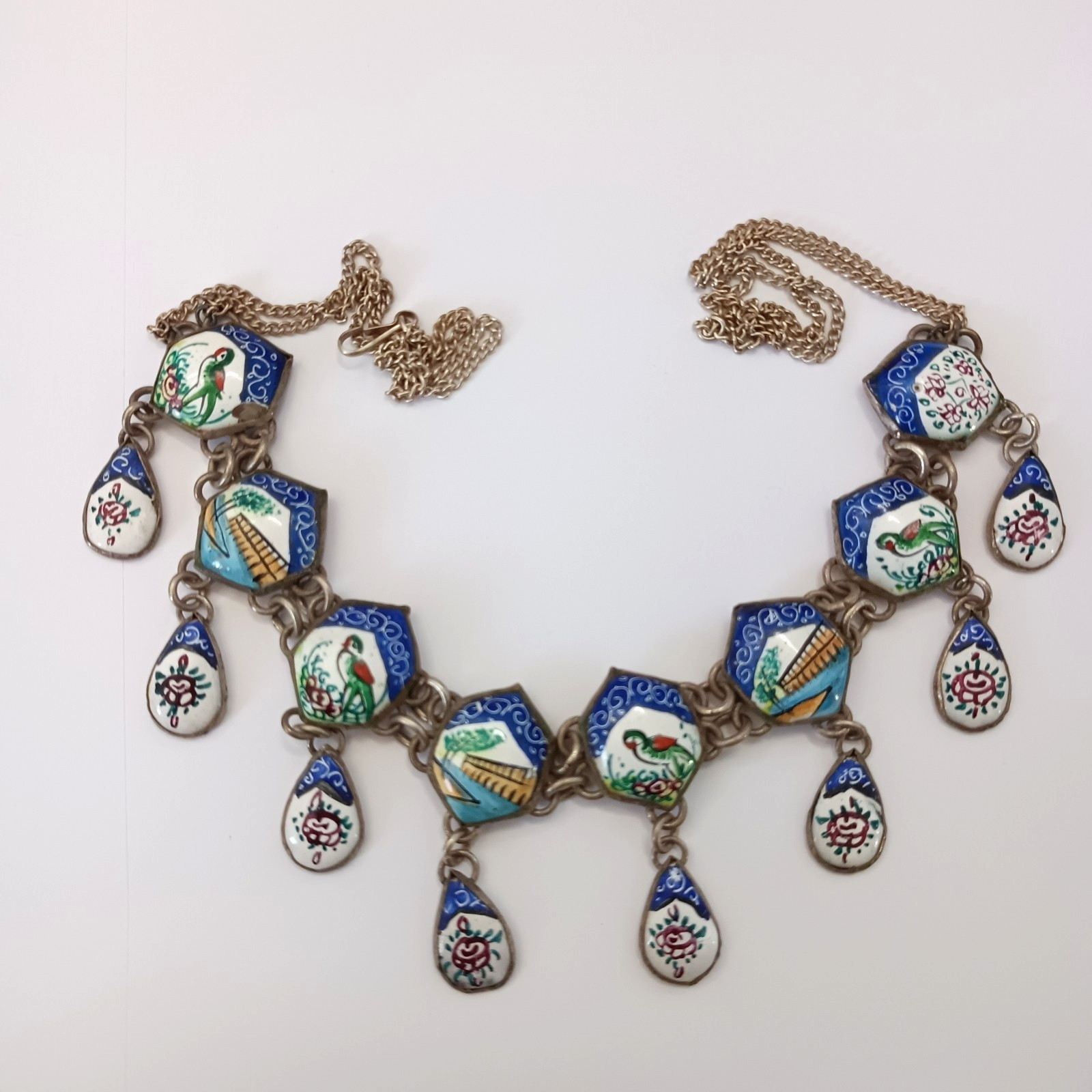 Boho Folk Art Middle Eastern Enamel Chandelier Necklace Blue Birds Landscape VTG