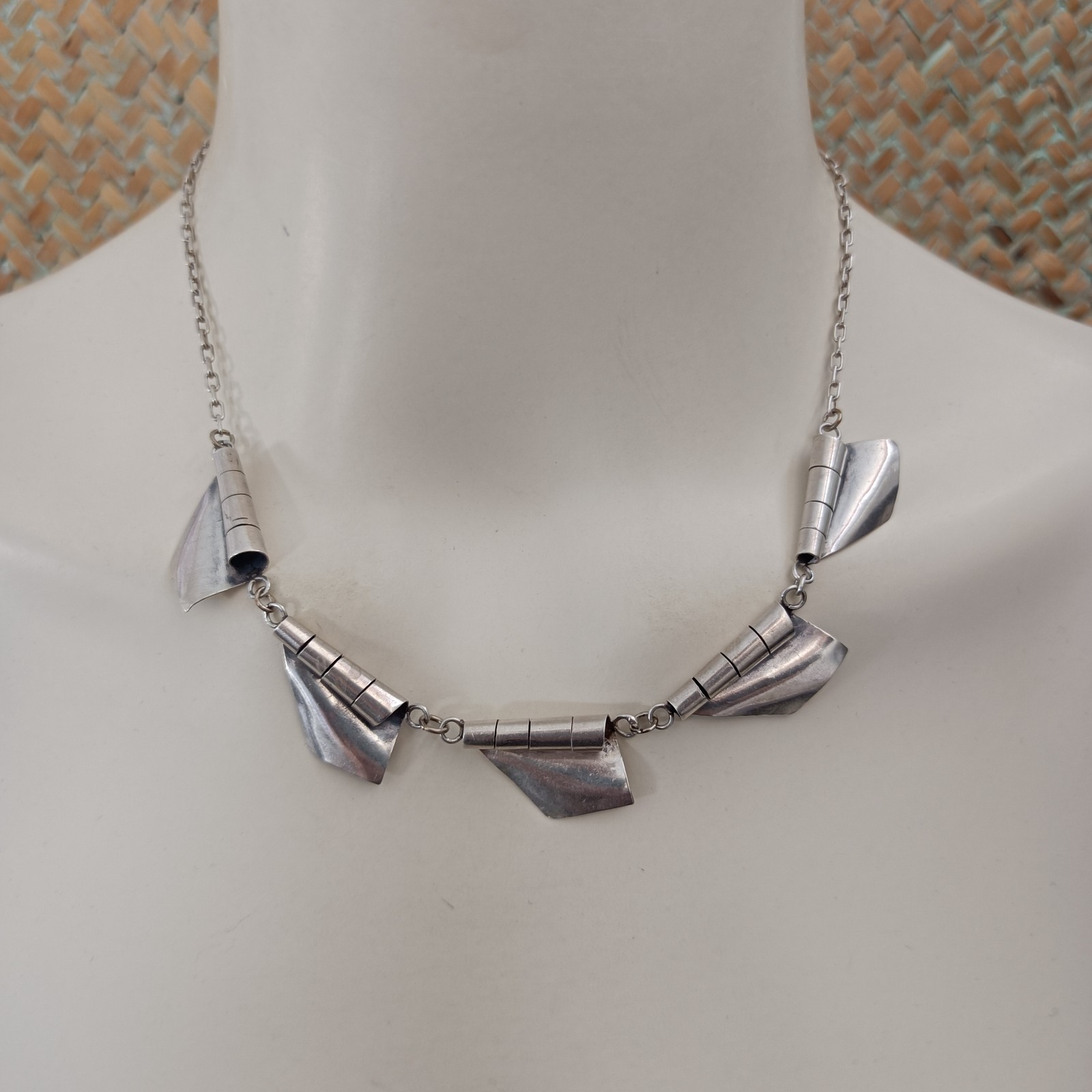 Modernist Silver Necklace Sculptural Artisan Bib Statement Abstract Handmade VTG