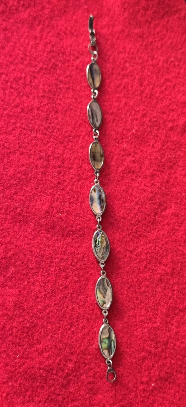 Vintage Abalone Shell Bracelet Oval Link Iridescent Paua Silver Tone