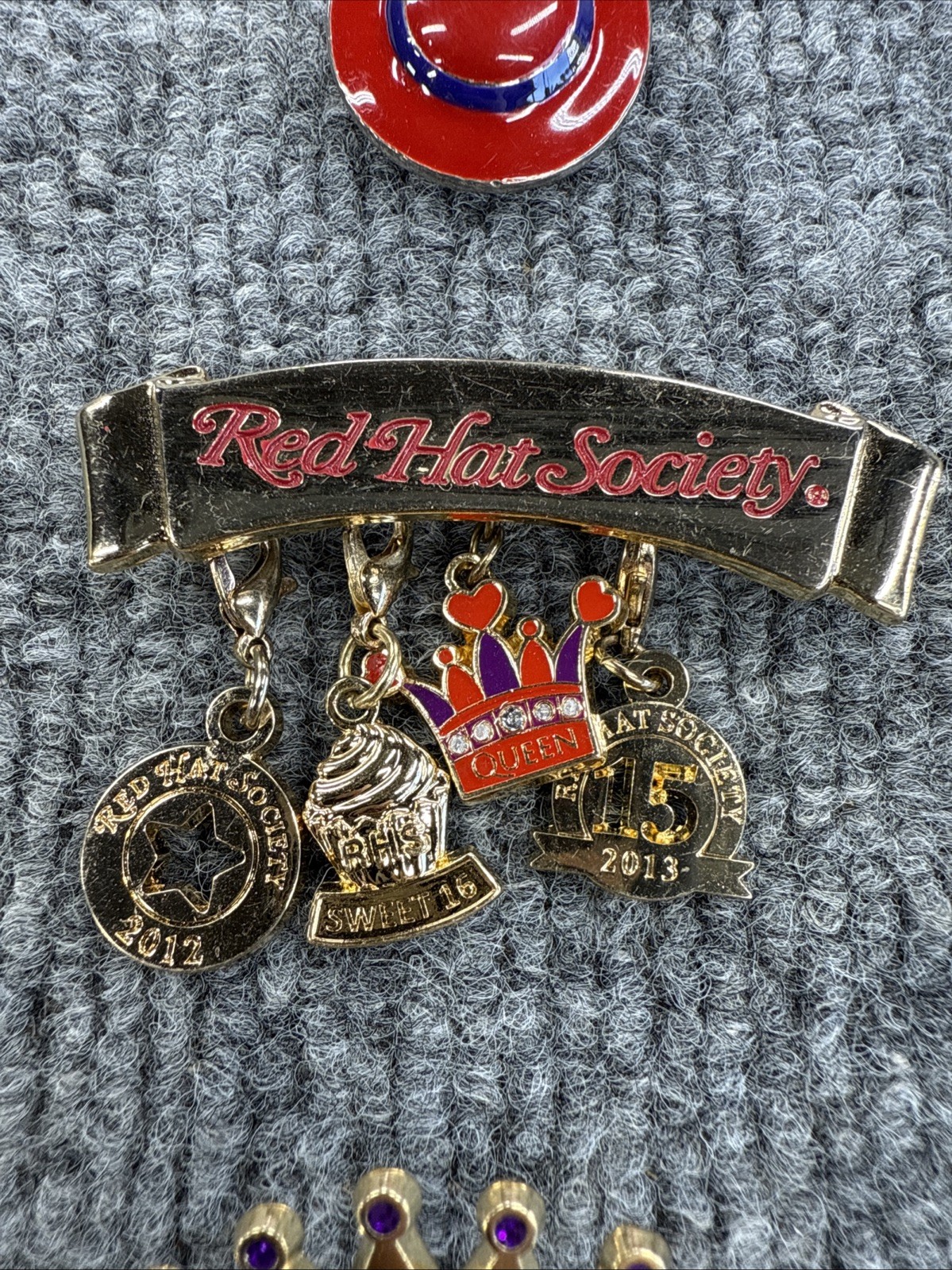 Lot of 5 Red Hat Society Enamel Pins – Anniversary, Simply Fun, Charms
