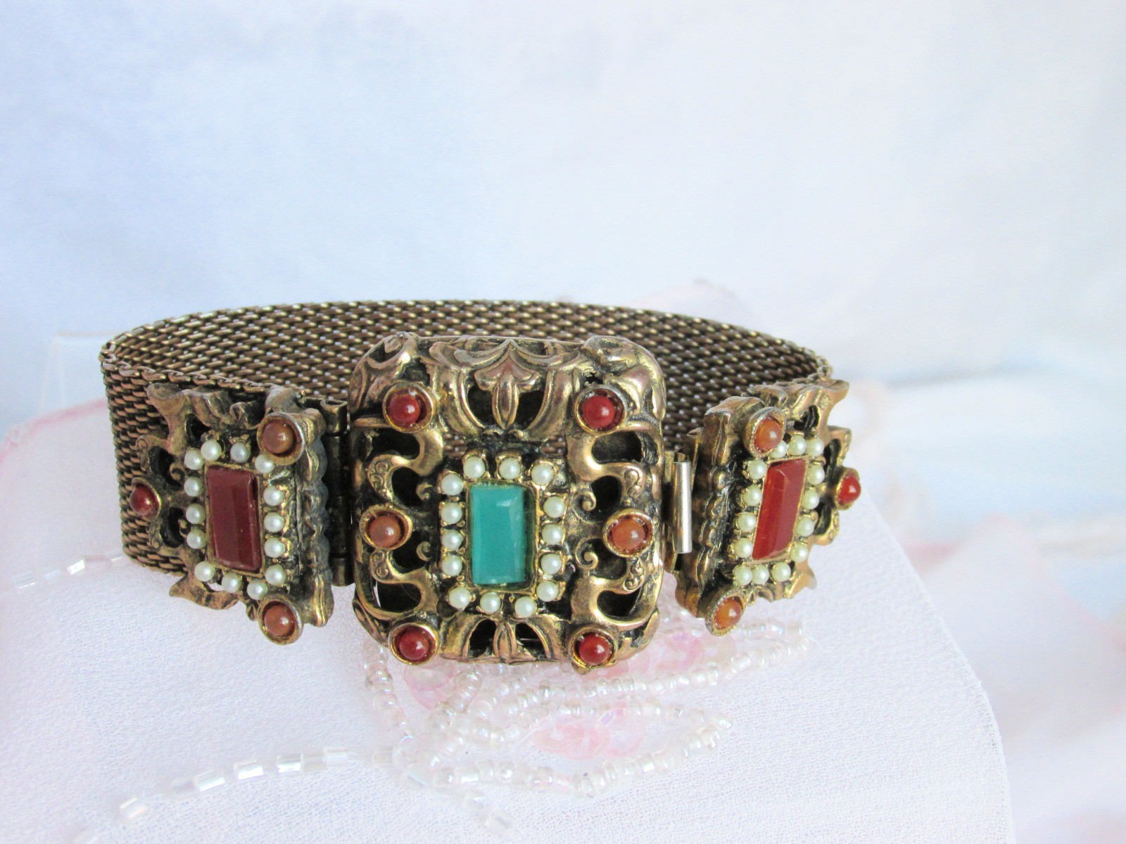 Antiqu Victorian Brass Mesh Faux Emerald Faux Carnelian Bracelet Intricate Clasp