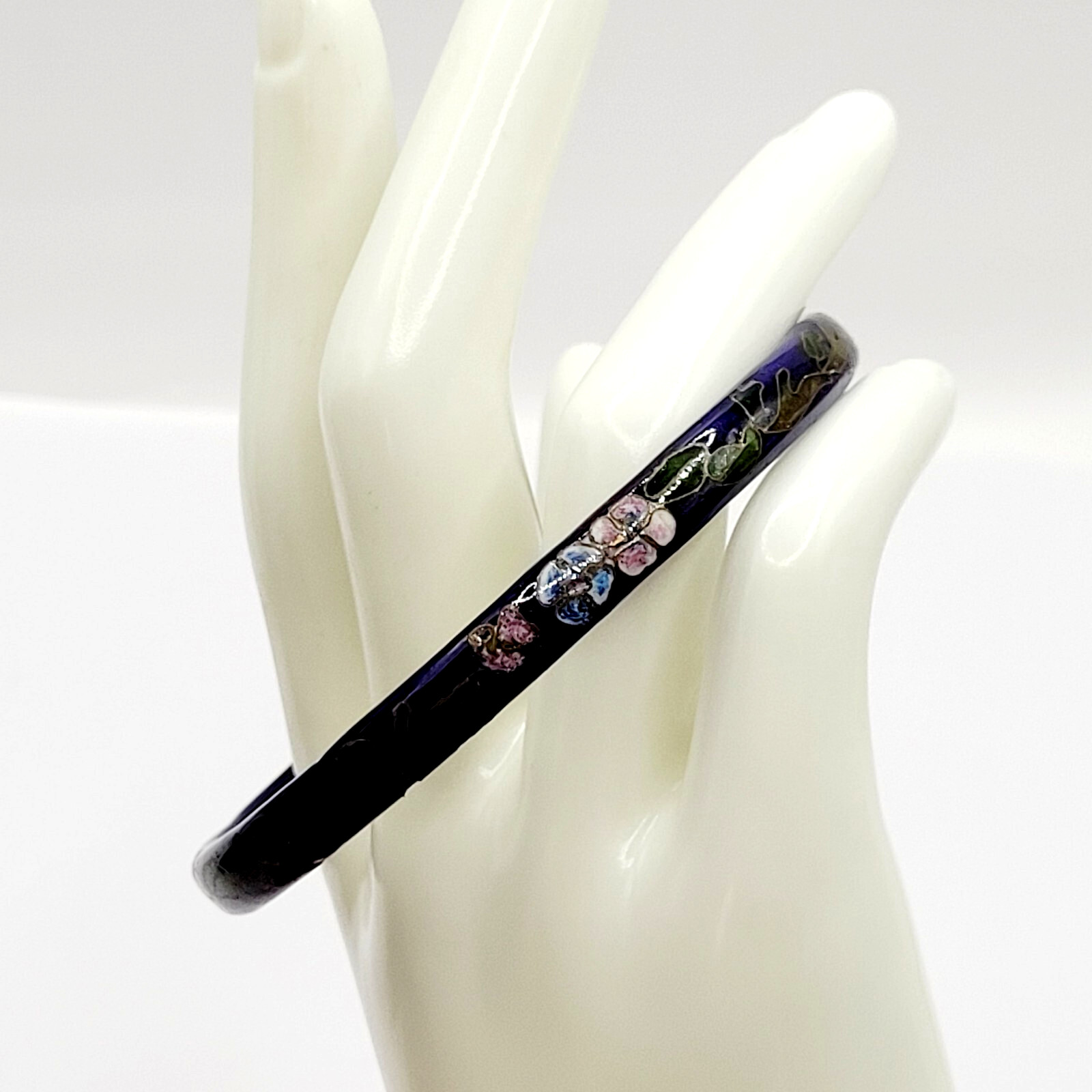 Cloisonné Asian Inspired Dark Cobalt Blue Floral Hand Painted Bangle Bracelet