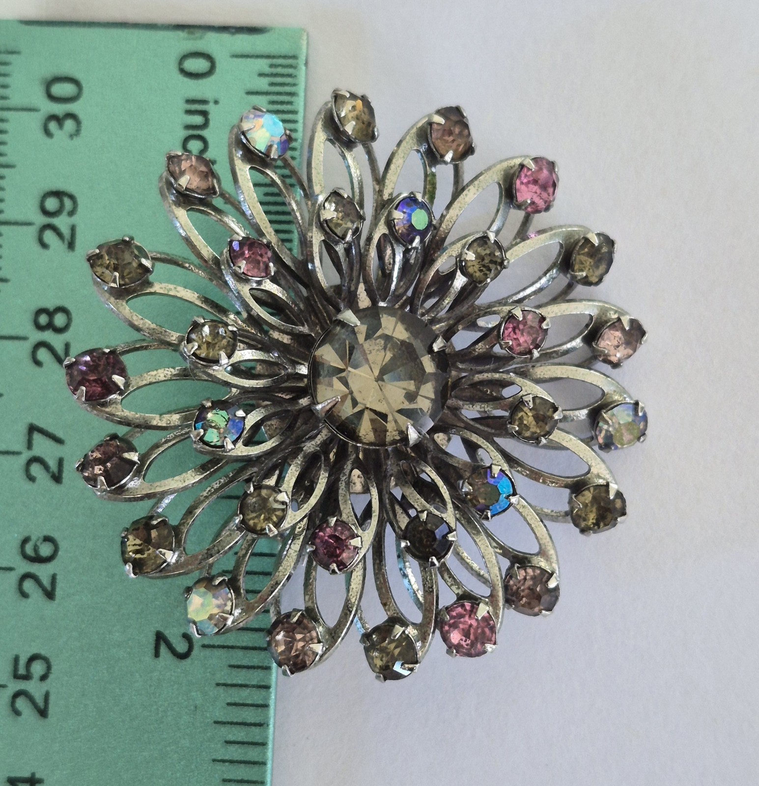 Vintage Pin Brooch Flower Design Silver tone Crystals in Pinks, Purples, Browns