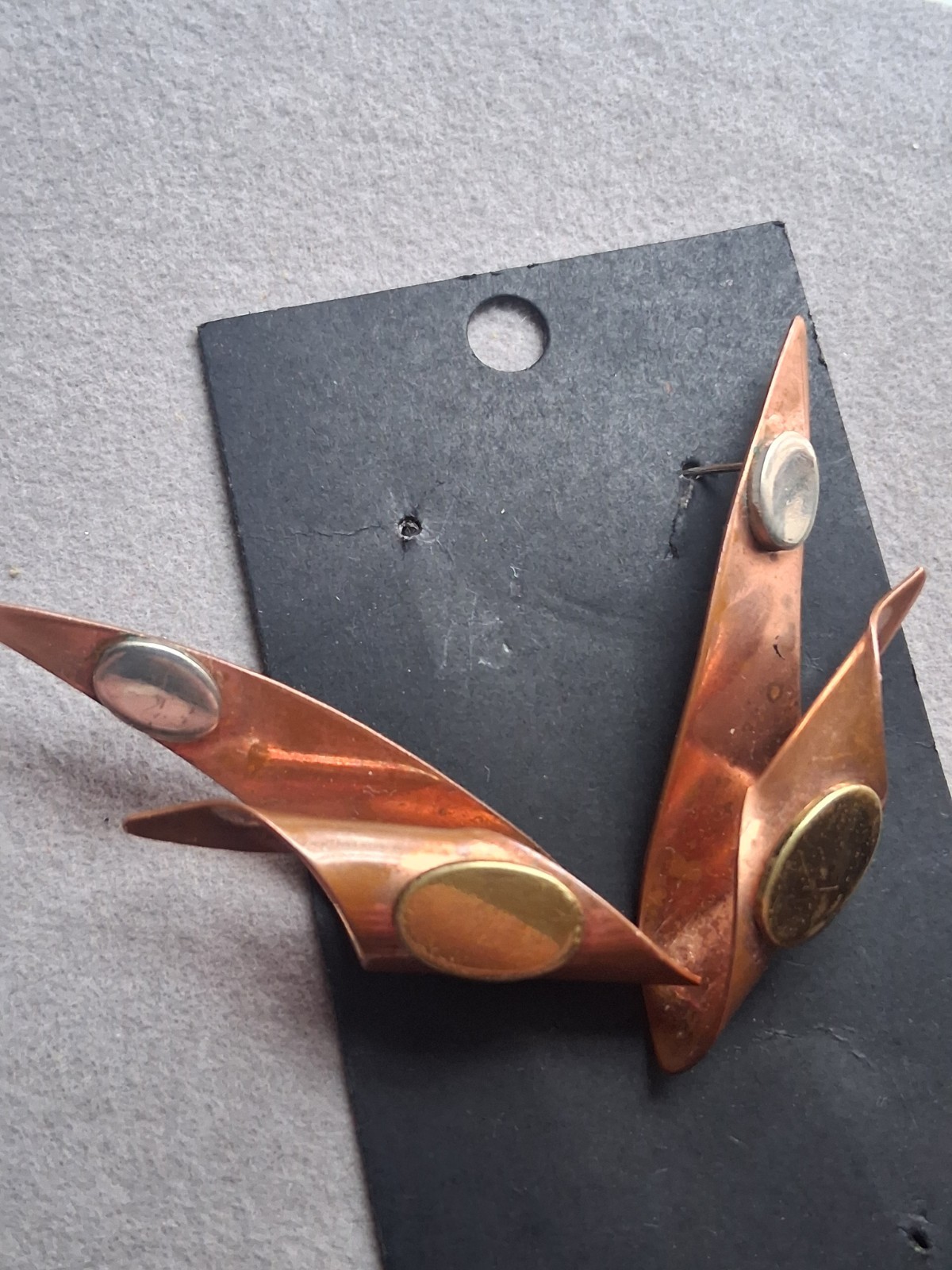 Mid century modern MCM copper abstract mixed metal large earrings