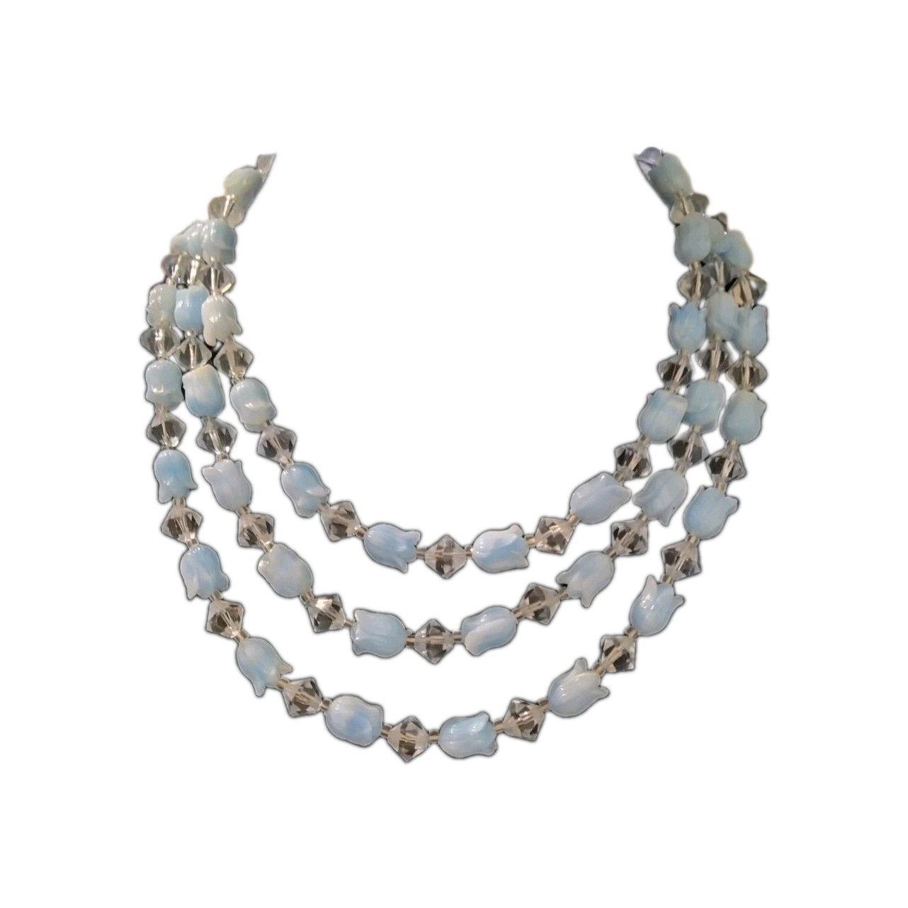 Vintage Japan Multi-Strand Beaded Necklace Blue Glass Gray Sim Crystal 18in Hook