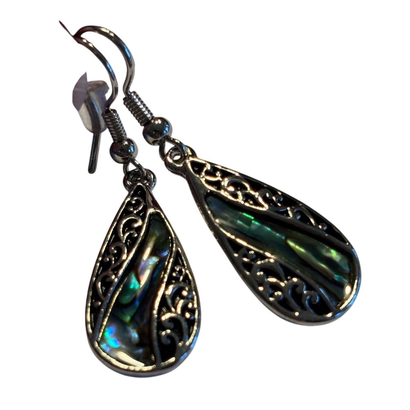 Pierced earrings Silvertone & green abalone shell enamel finish teardrop dangles