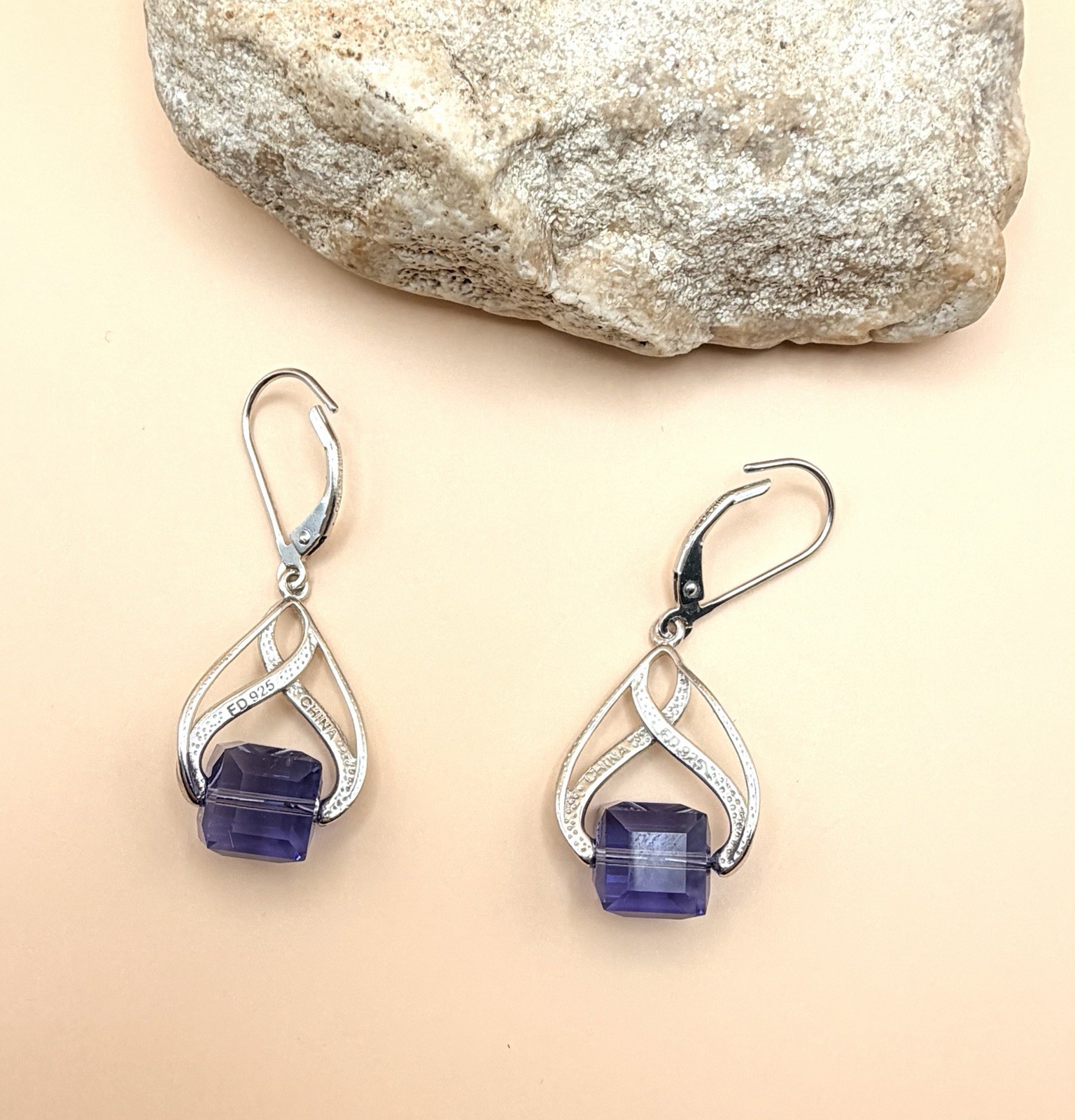 Vintage Designer FD Sterling Silver Tanzanite Cube Drop Dangle Earrings