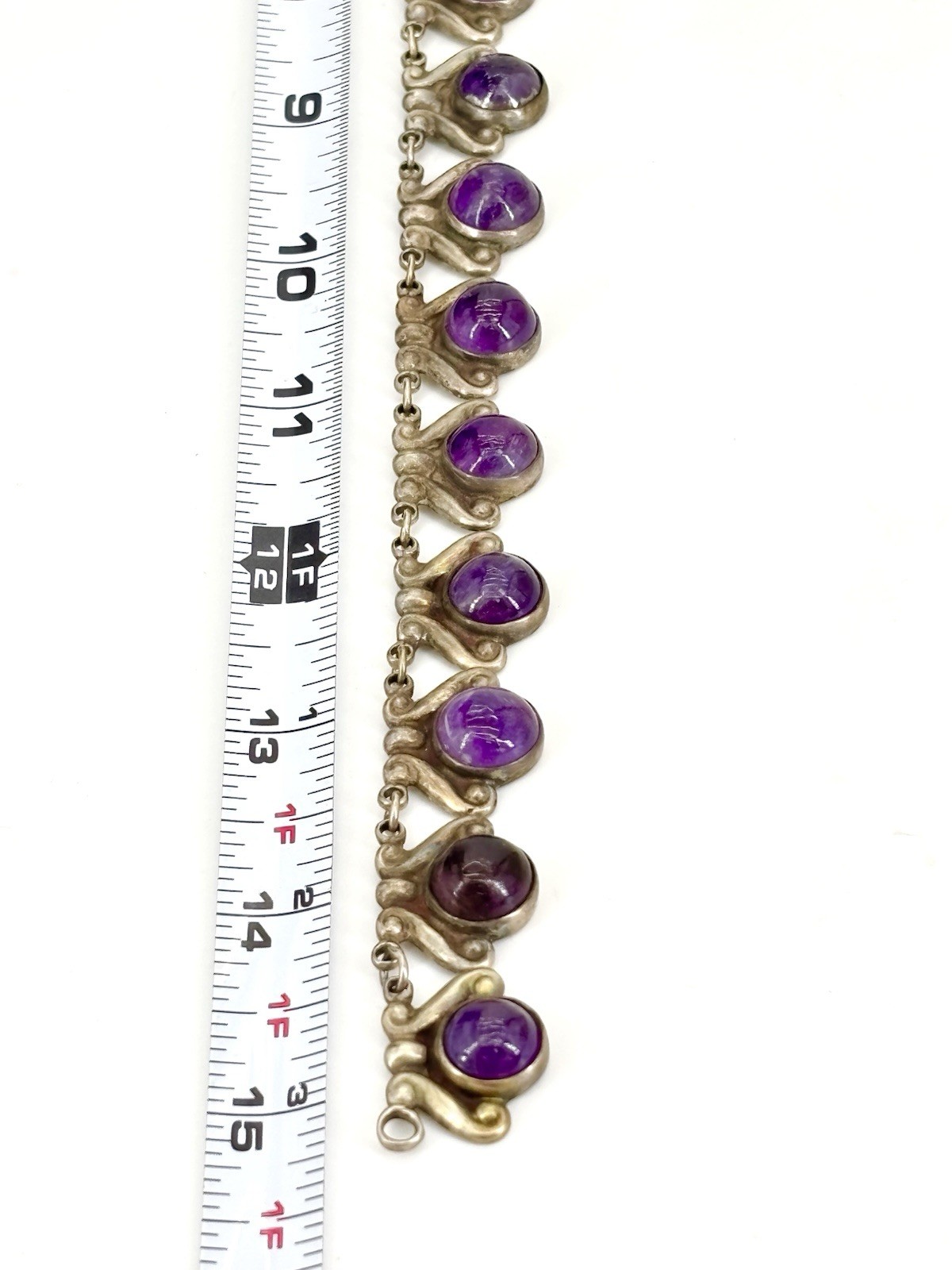 Vintage LOS CASTILLO 925 Sterling Silver Amethyst Floral Panel Link Necklace 15″