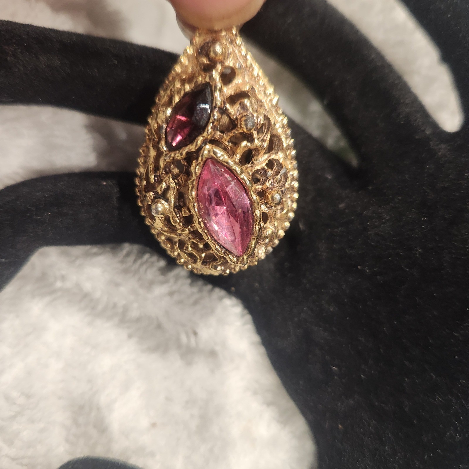 Vintage Gold Tone Filigree Teardrop Pendant Pink Purple Marquise Rhinestone
