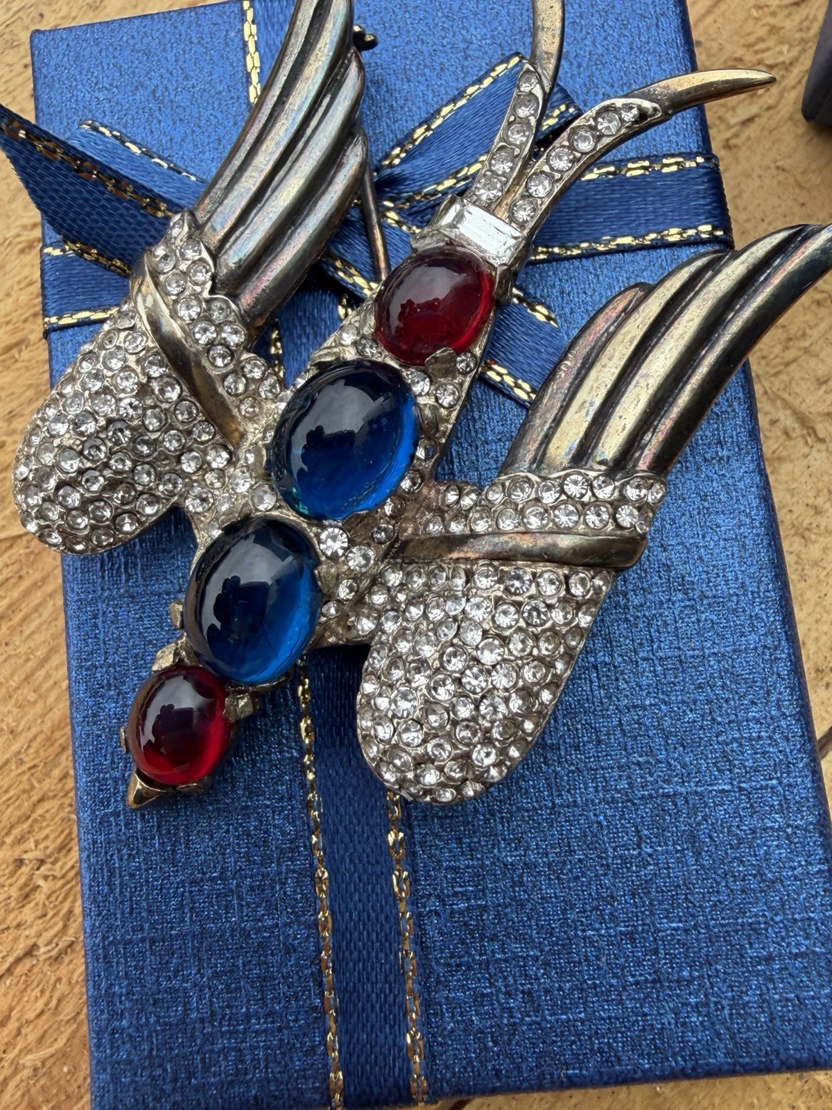 Crown Trifari Signed Huge Bird Brooch Pin Red Blue Glass Stone Rare