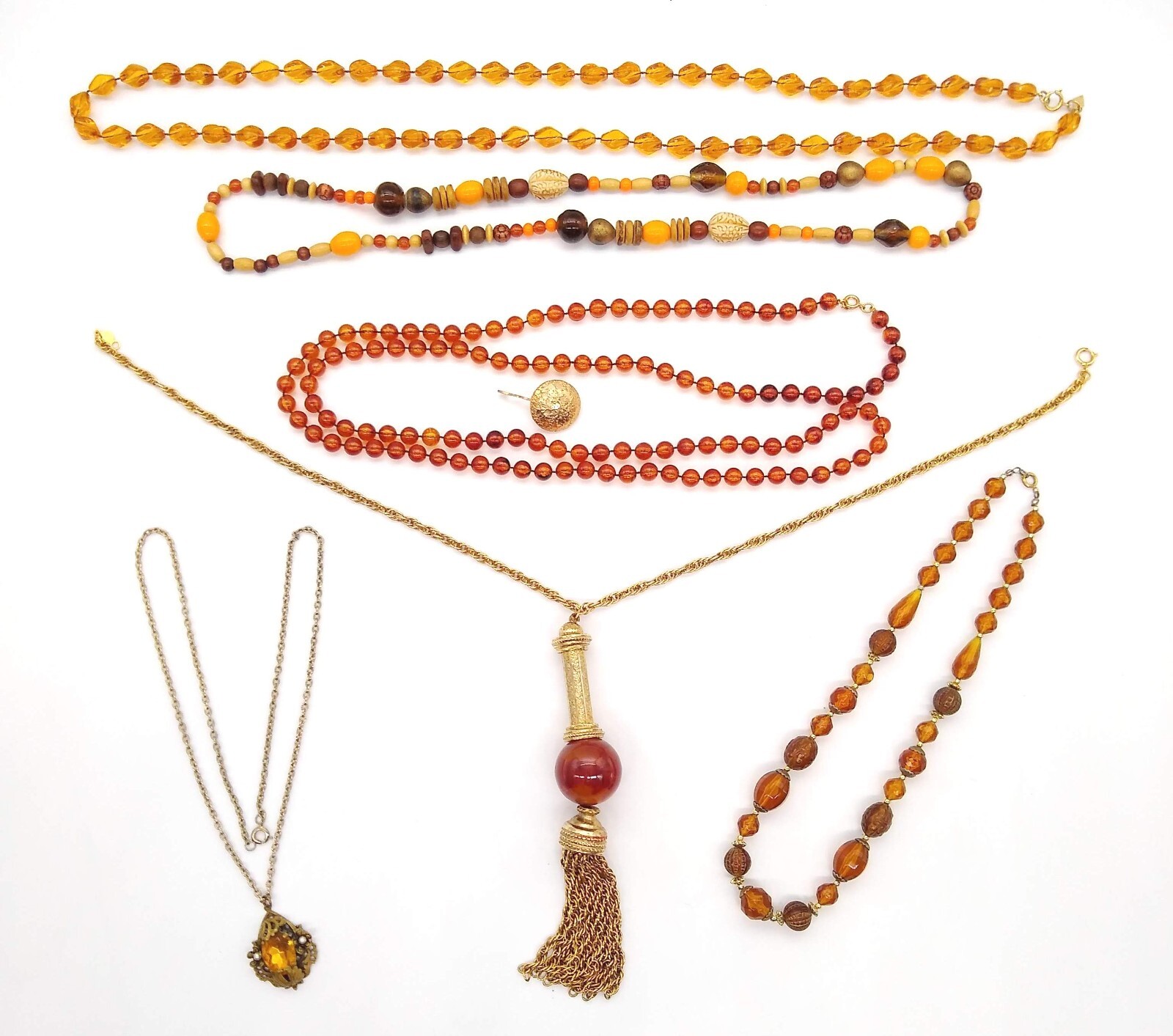 Amber Honey Topaz Color Beads Necklaces Lot of 6 Gold Tone Tassel Filigree Vinta
