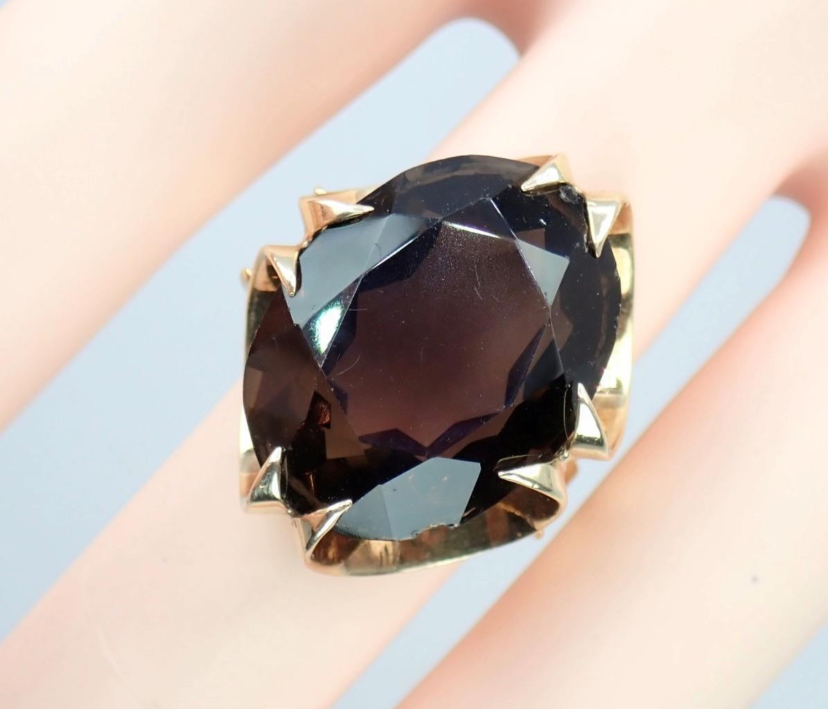 Super Vintage 1970s Solid 9K Rose Gold 14.4Ct Smokey Quartz Cocktail Ring 1971 5