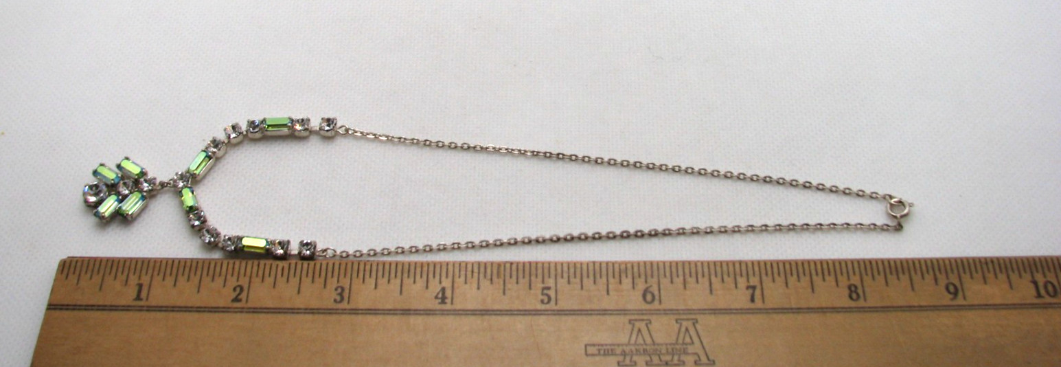 Vintage Green Baguette Rainbow Glass & Clear Rhinestone MCM Necklace Silver Tone