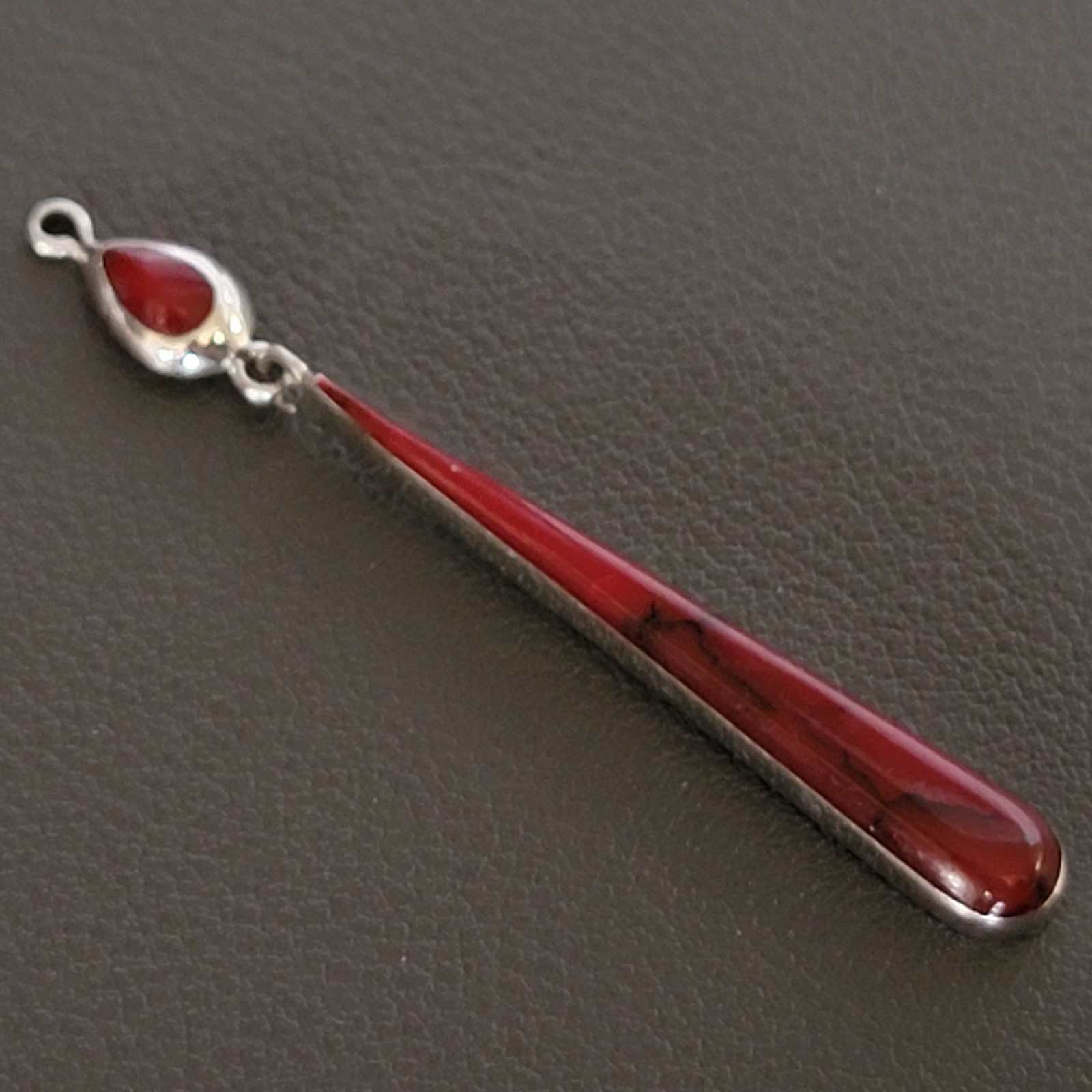 Sterling Silver Long Drop Pendant 925 Vintage Repurosed Red Glass Earrings MEX