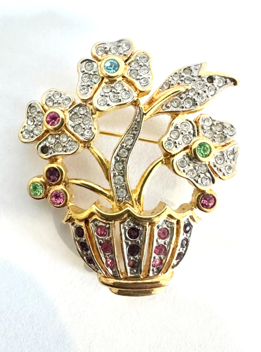Vintage Rhinestone Flower Basket Brooch Gold Tone Garden Party Aesthetic