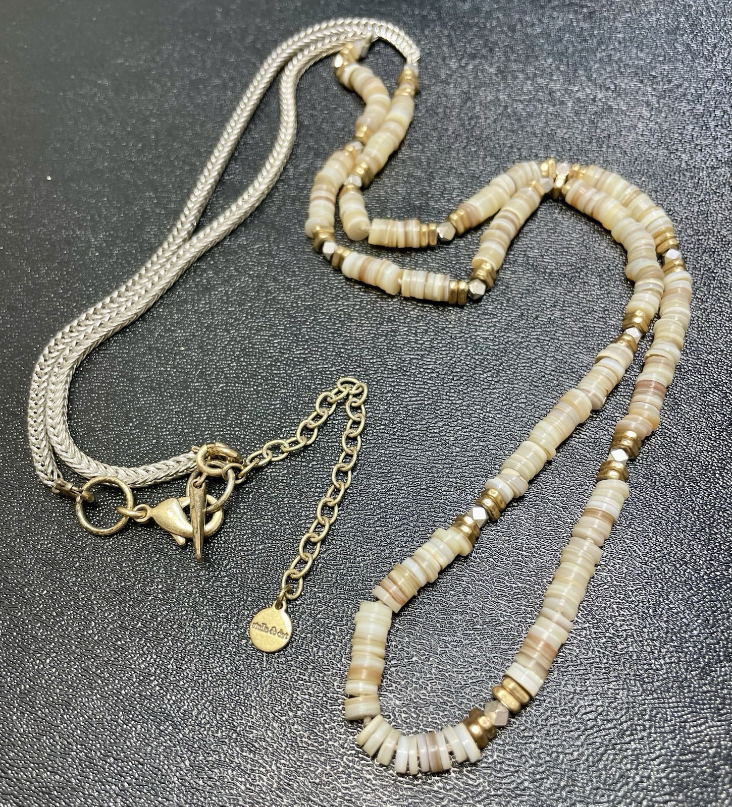 STELLA & DOT Signed 34” Heishi Shell Beaded Silver Tone Chain Necklace