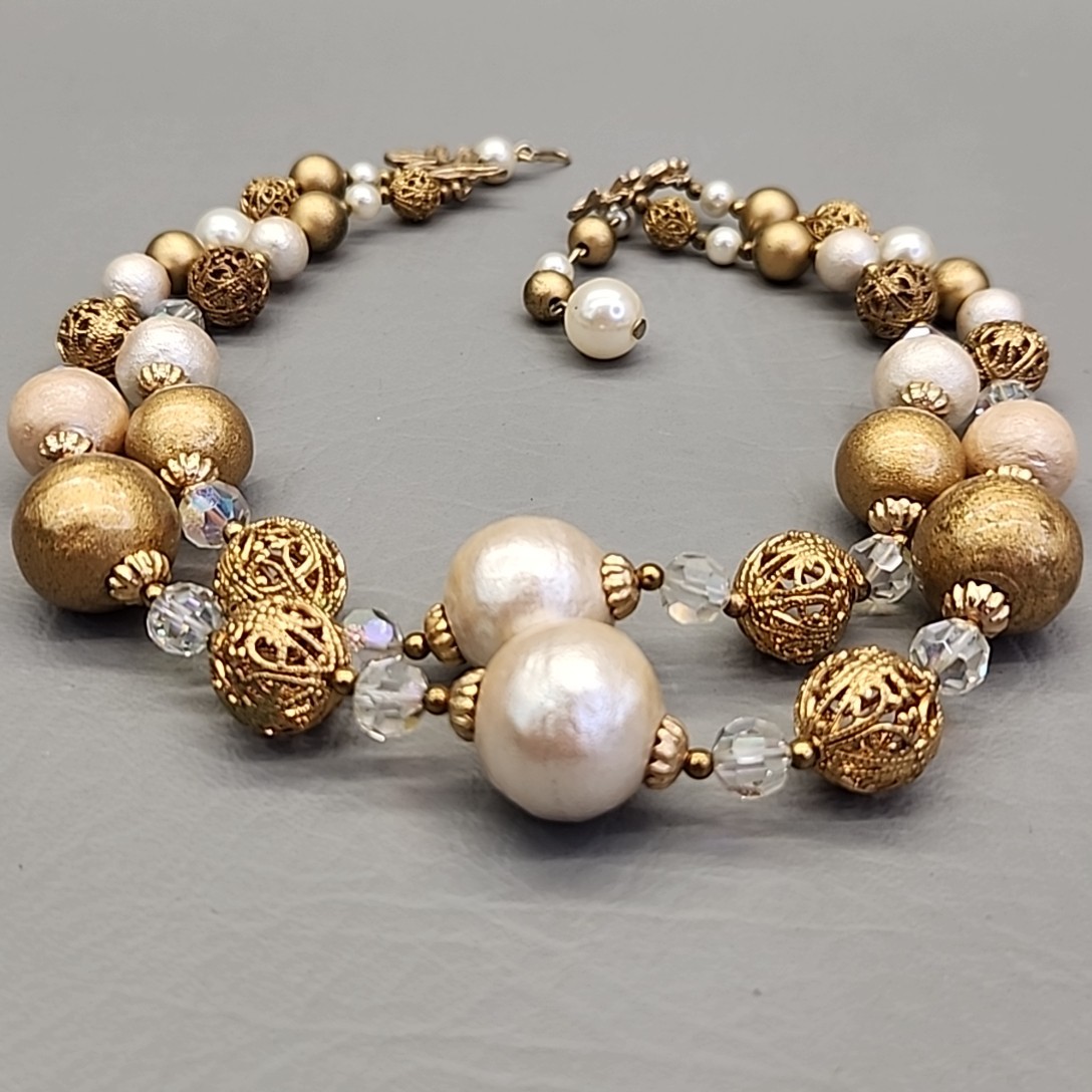 Vintage Beaded Necklace AB Cream Gold Tone Filigree Balls Layered 16″