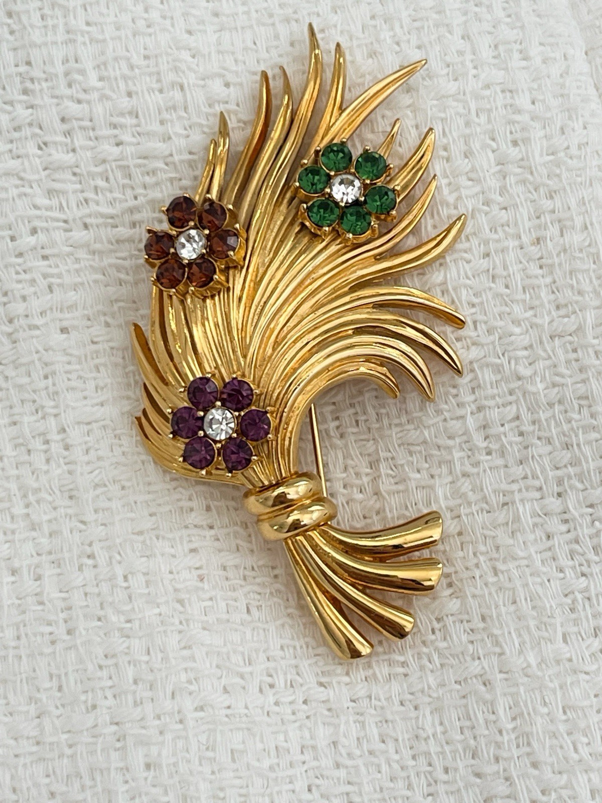 Vtg Signed Carolee Flower Bouquet Green Purple Brown Rhinestones Textured Brooch