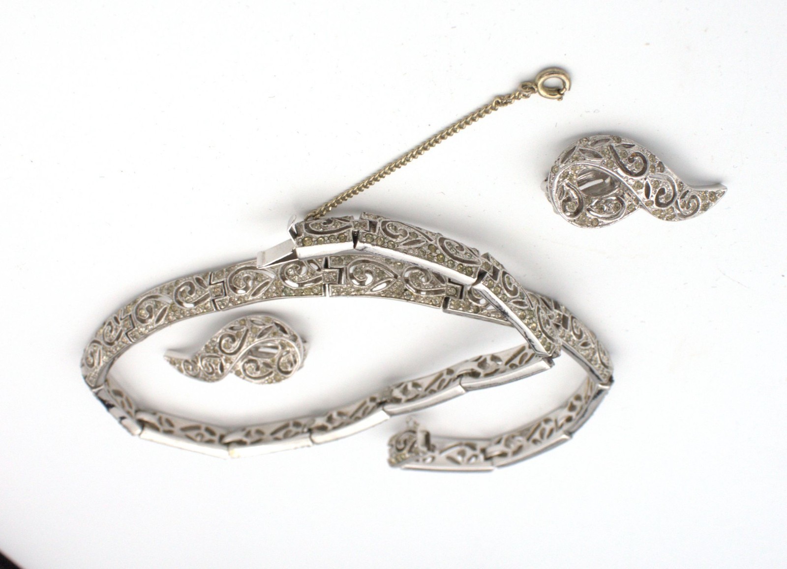 Panetta 1940s Cutout Scroll Rhinestone Necklace Clip Earring Set; Book Reference