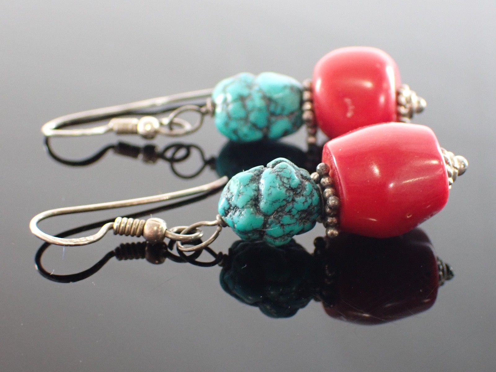 Vintage Sterling Drop Earrings Red Bead & Turquoise Matrix Stones Artisan