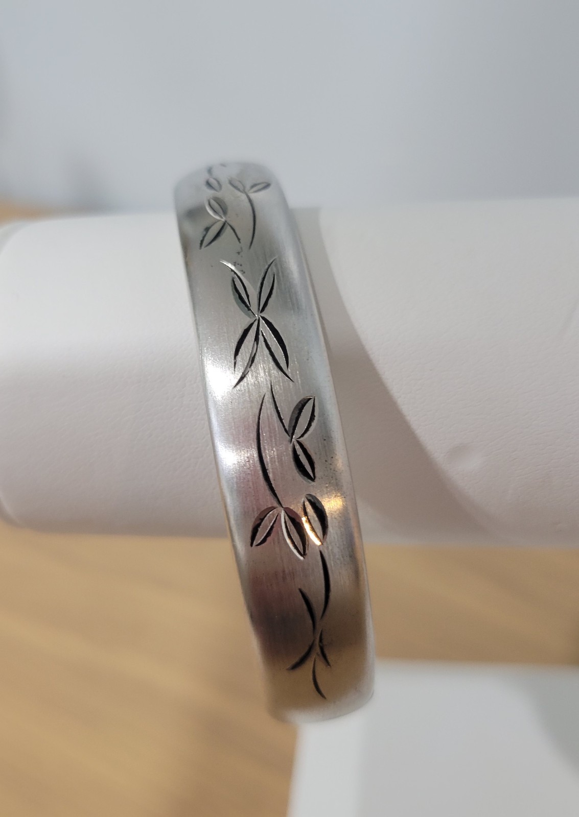 Vintage Sterling Silver H.F.B. Hinged Bracelet Etched Floral Brushed Finish