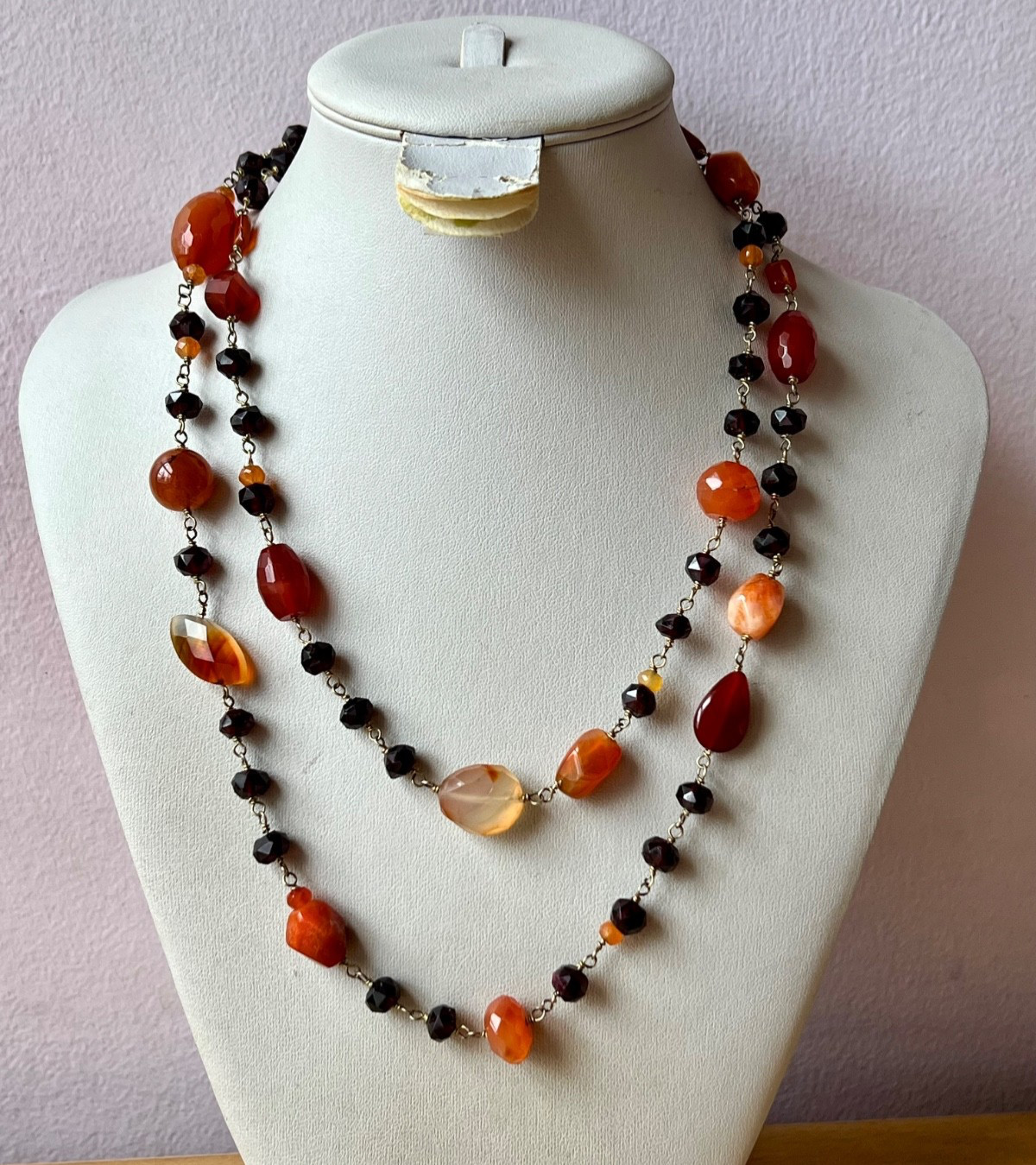 VINTAGE AGATE RHODOLITE GARNET 925 STERLING SLVR LONG STATION STATEMENT NECKLACE