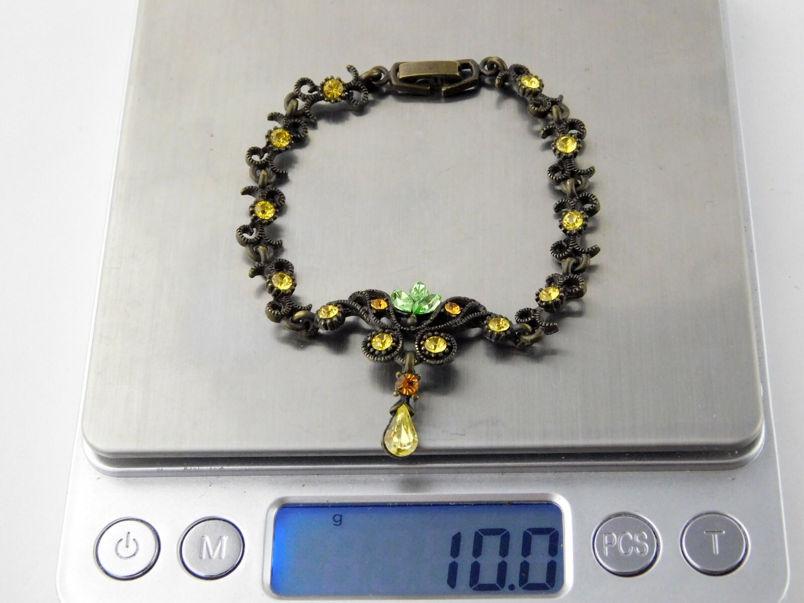 Vintage Bronze Tone and Rhinestone Bracelet Snap Clasp Floral Design Unbranded