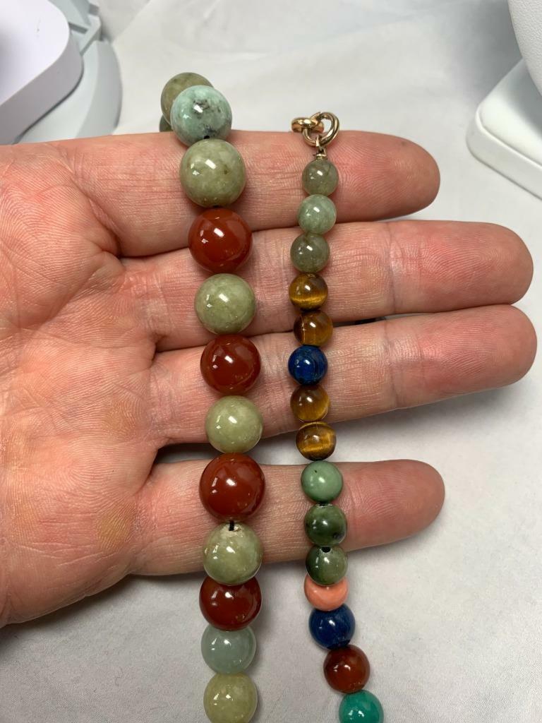 Jade Carnelian Lapis Malachite Tiger’s Eye 14 Karat Gold Necklace Dog Clip Clasp
