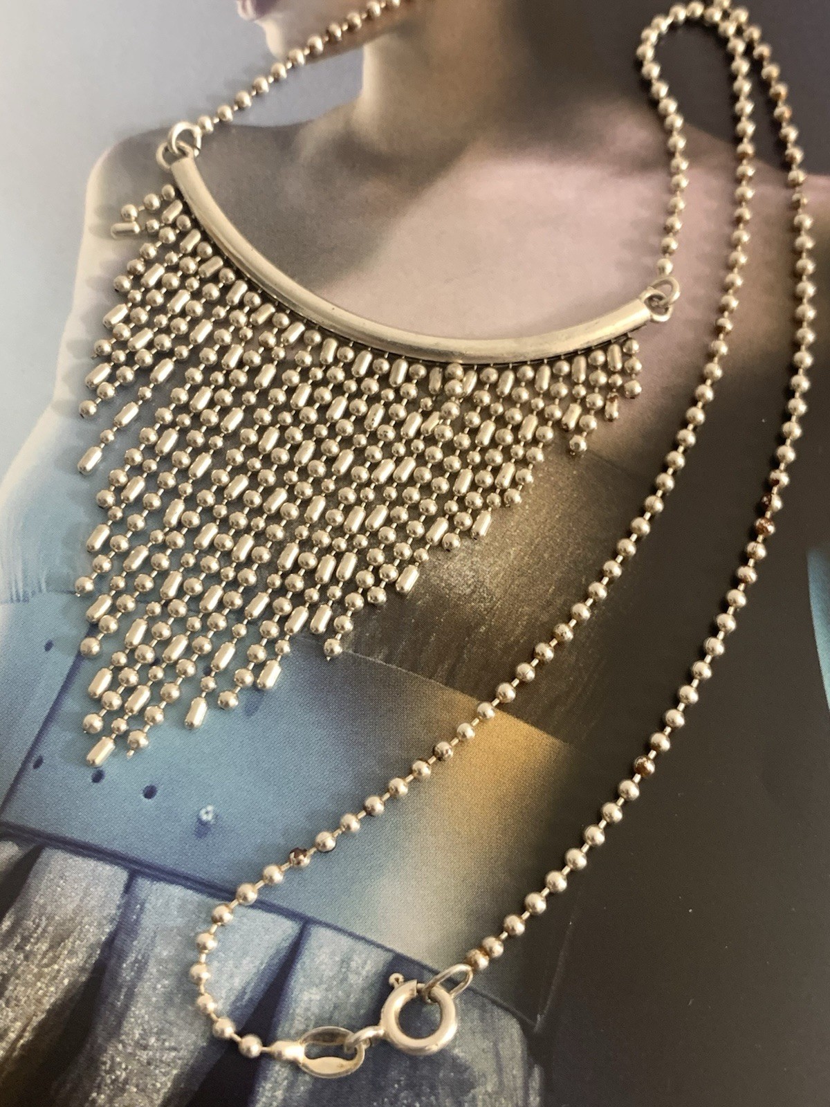 925 Sterling Silv Beaded Chain Cascading Fringe Bib Necklace Signed ATI Italy
