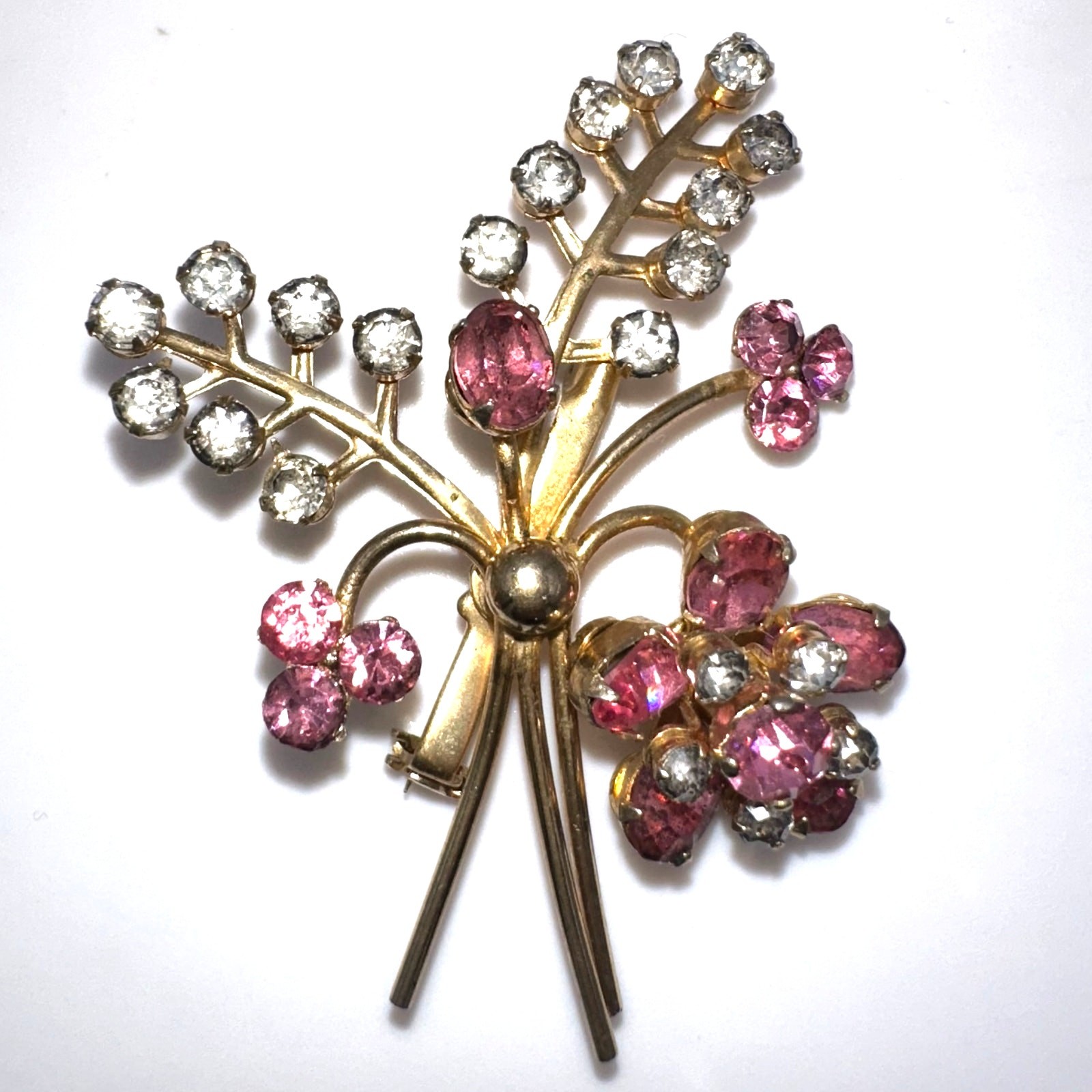 Vintage gold tone pink clear rhinestones flowers floral bouquet brooch pin