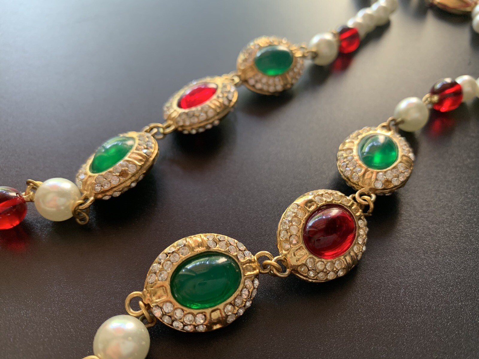 Vintage 1960s Gripoix French Mogul Cabochon Red &Green Long Necklace 80cm Signed