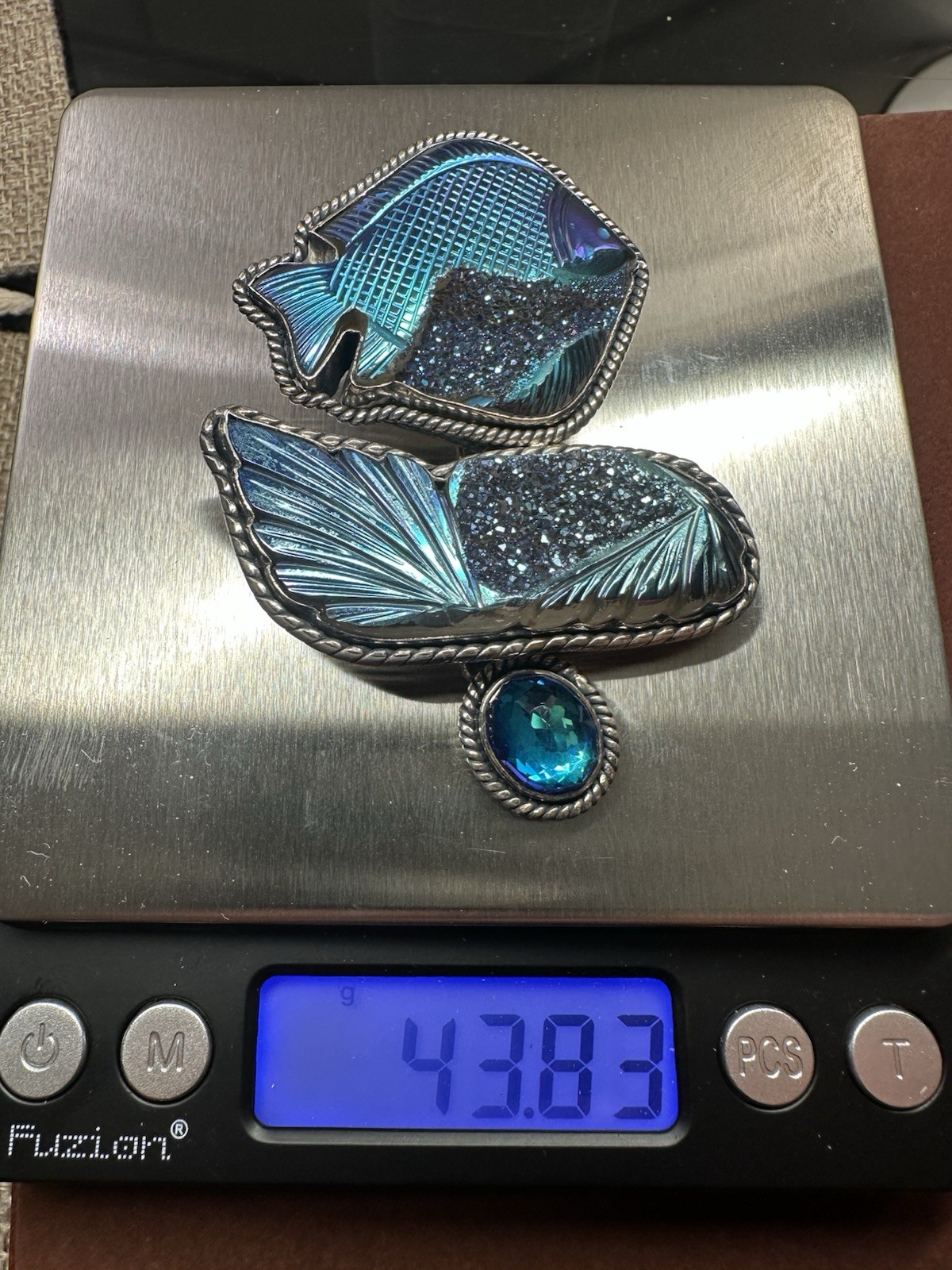 Amy Kahn Russell Ring Sterling Blue Druzy Fish Quartz Carved 925 Brooch/Pin
