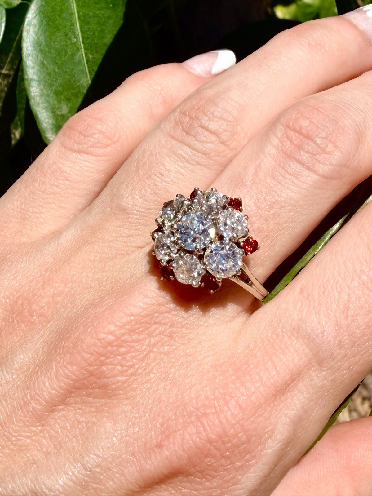 Rare Edwardian 4.43ct Old European Mine Cut Diamond Orange Sapphire Cluster Ring