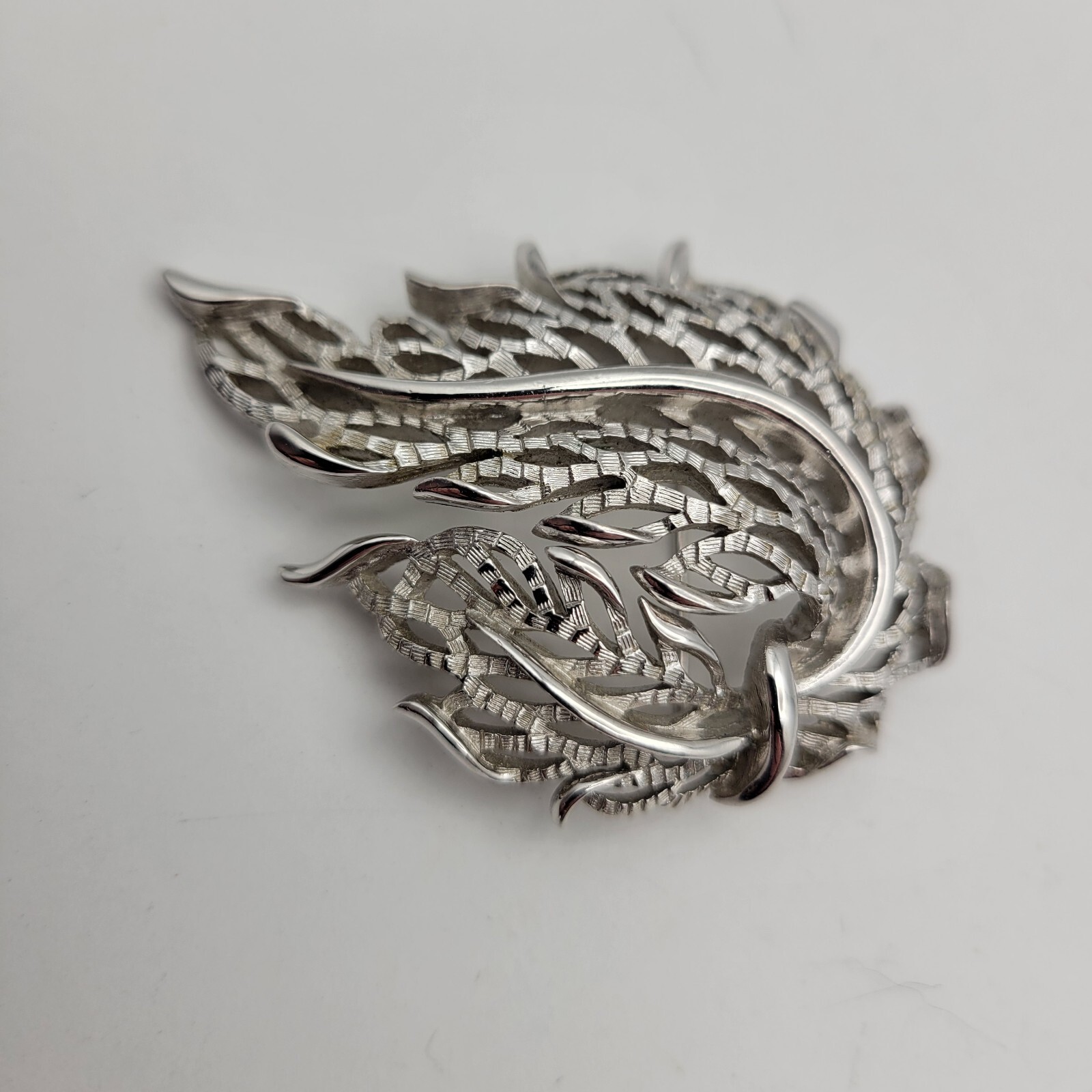 Vintage Crown Trifari Brooch Silver Tone Nature Leaf Swag Matte Polished Signed