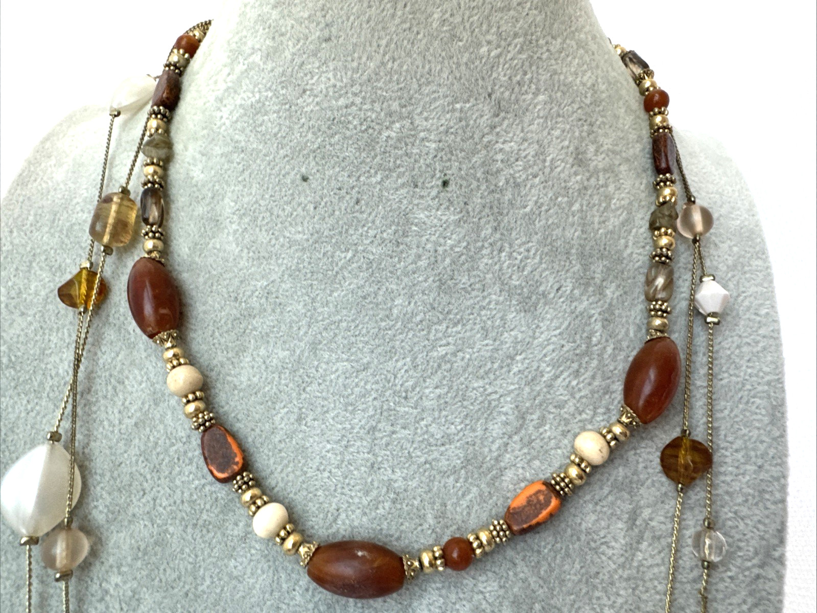 vtg *2 Necklaces Stack* Earthtones GOLD bead chain textured Jewelry Lot-1 signed