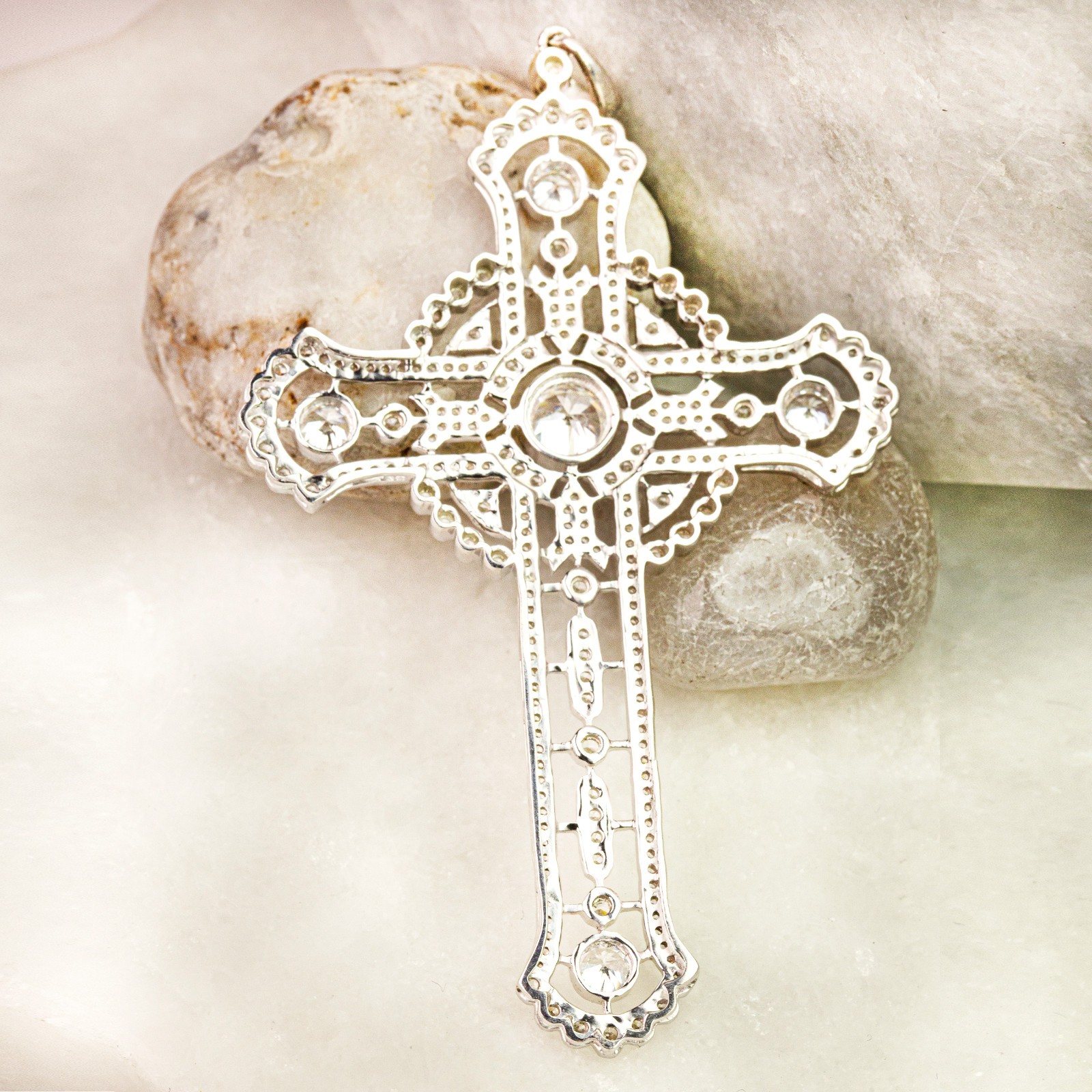 3.85TCW Round Lab Grown Diamond 14K Gold Vintage Art Deco Cross Filigree Pendant