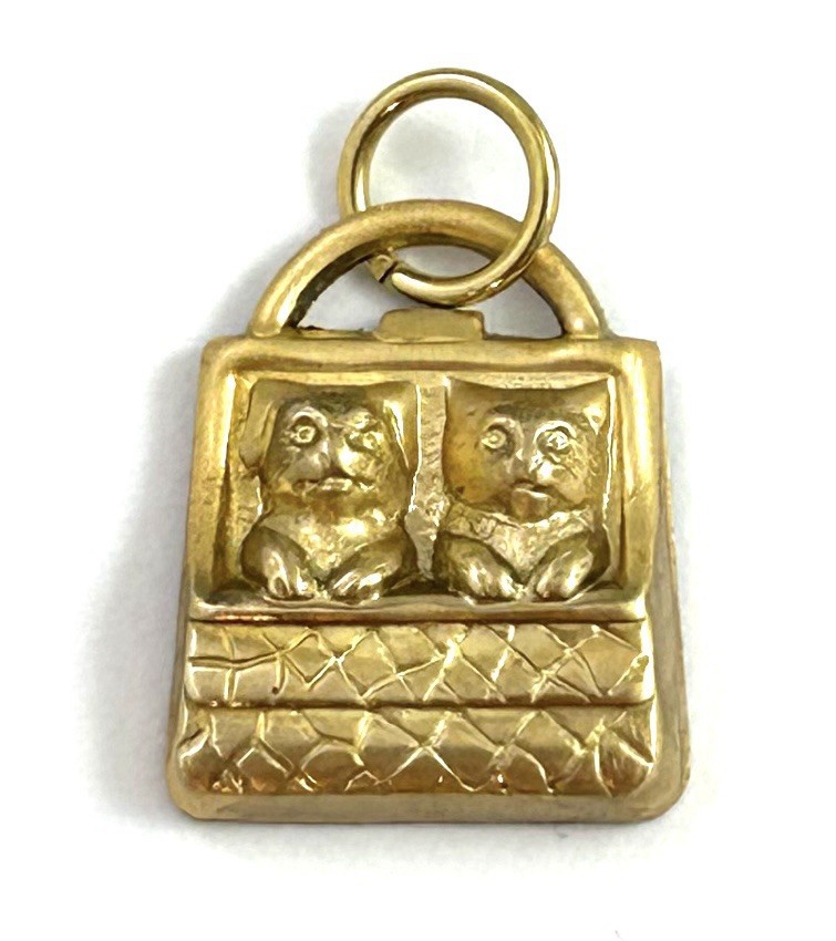 Vintage Charm Kitten Puppy In Purse Vintage Jewelry Raw Brass Stamping Pendant