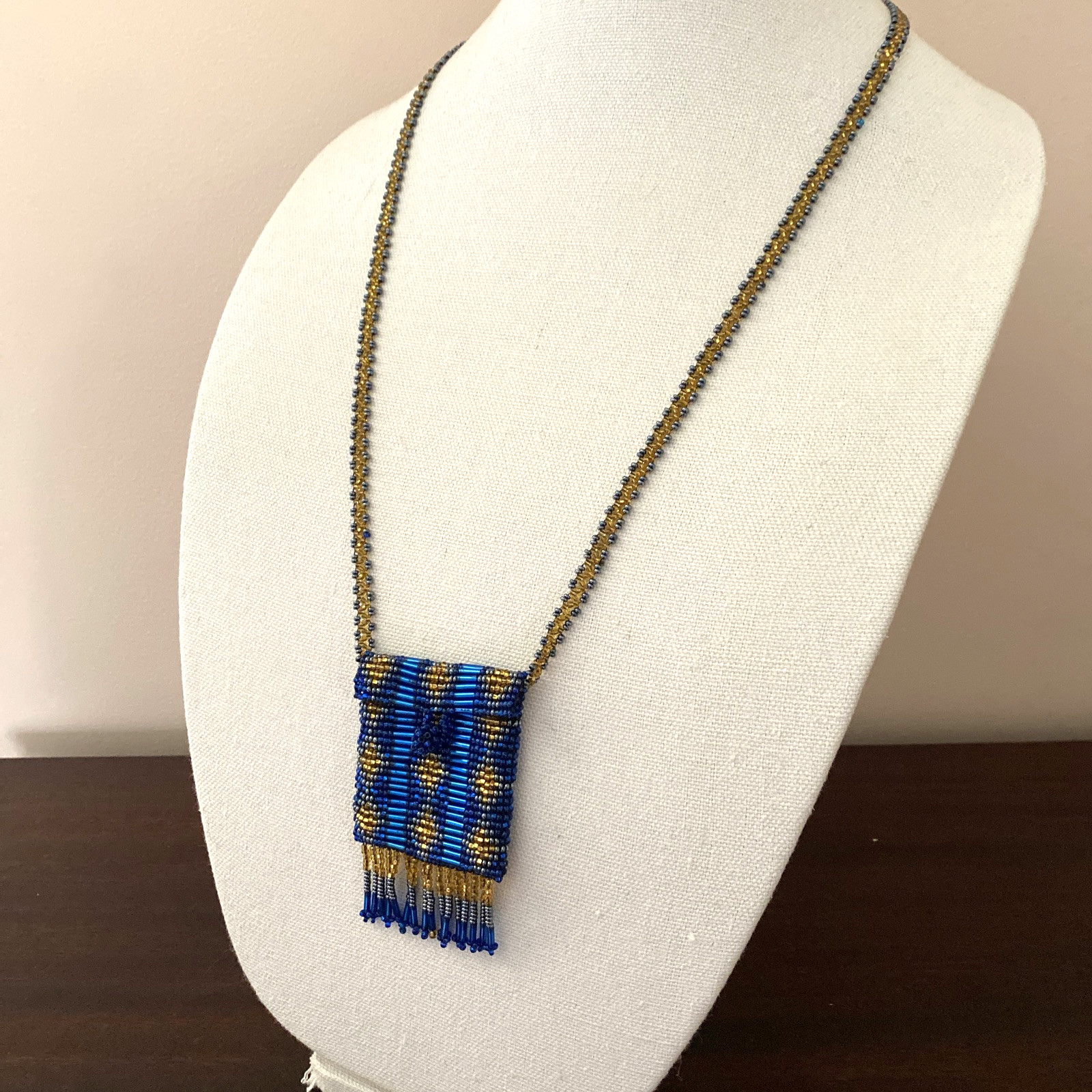 Vintage Blue & Gold Seed Bead Purse Pendant Necklace
