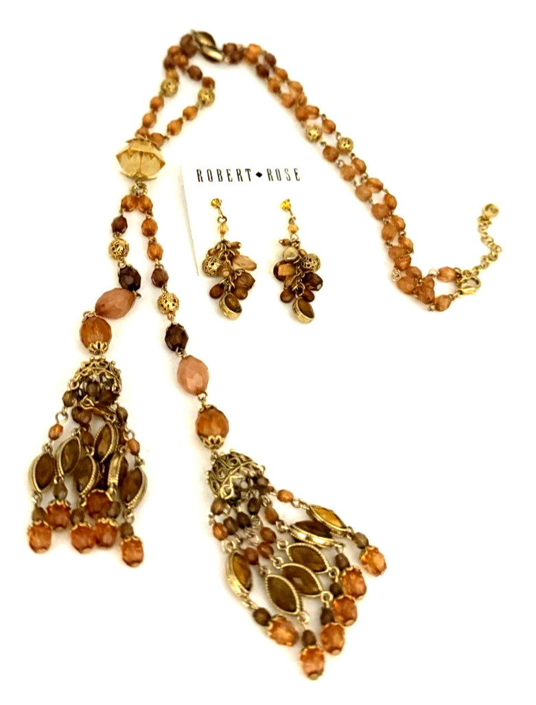 Vintage Robert Rose Gold Tone Amber Honey Beaded Lariat Style Pendant Necklace
