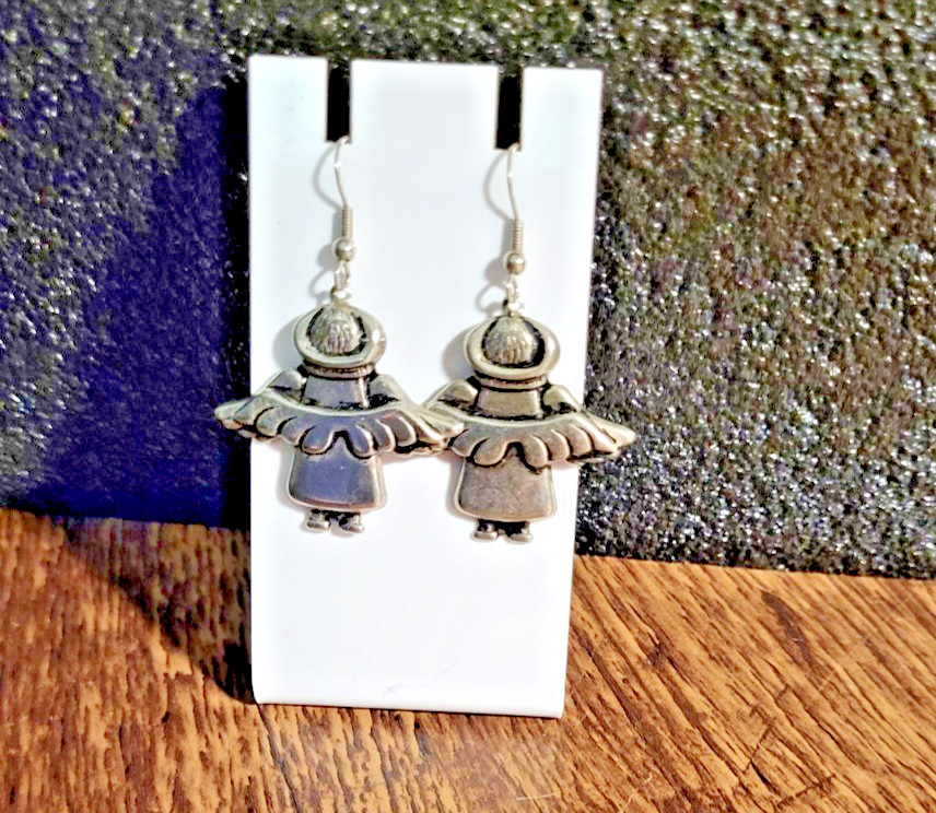 Vintage Sterling Silver 925 Angel Dangle Earrings Textured Wings Folk Art