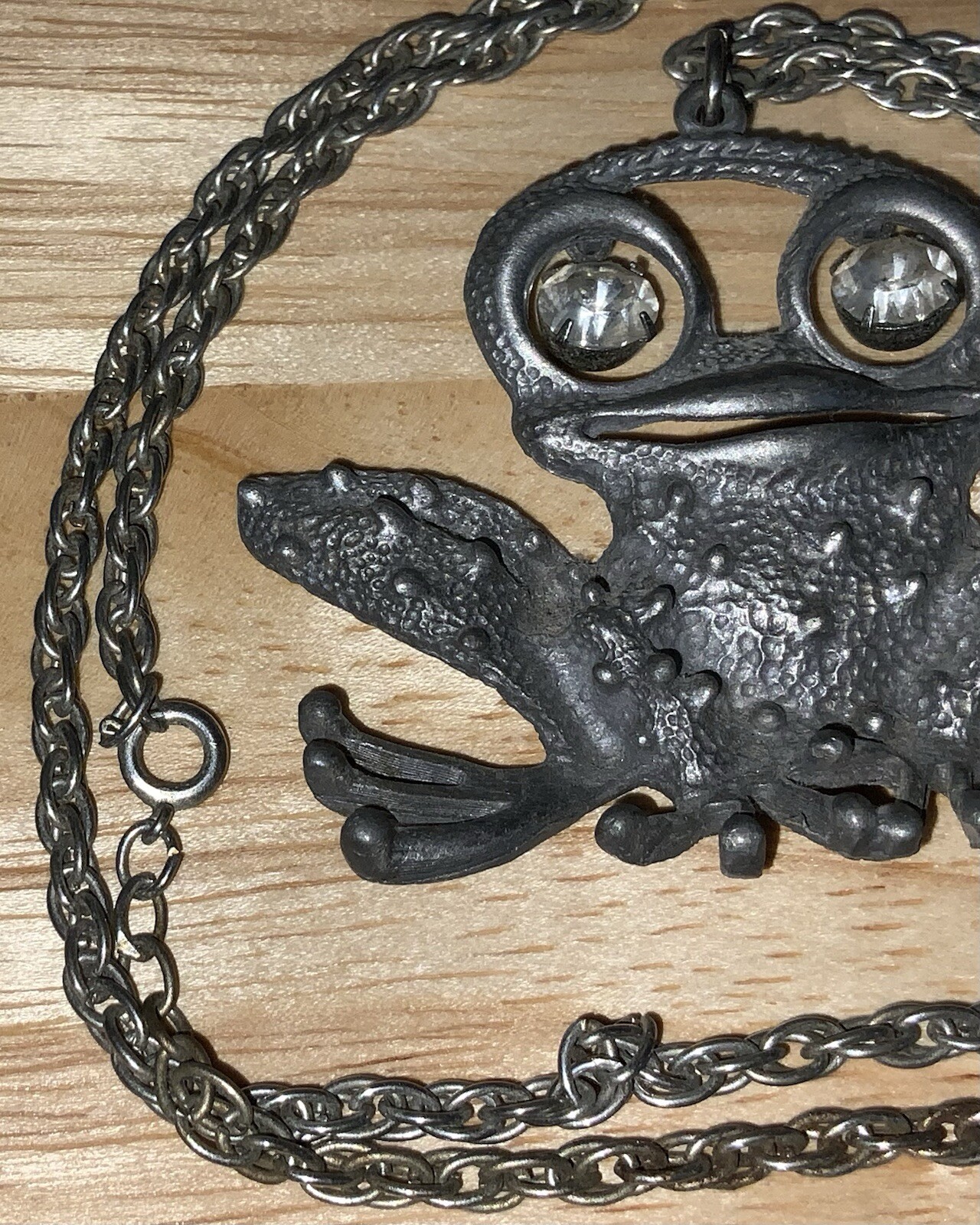 Vintage, Gray Metal Frog Pendant W/ White Rhinestones Articulate Eyes, Necklace
